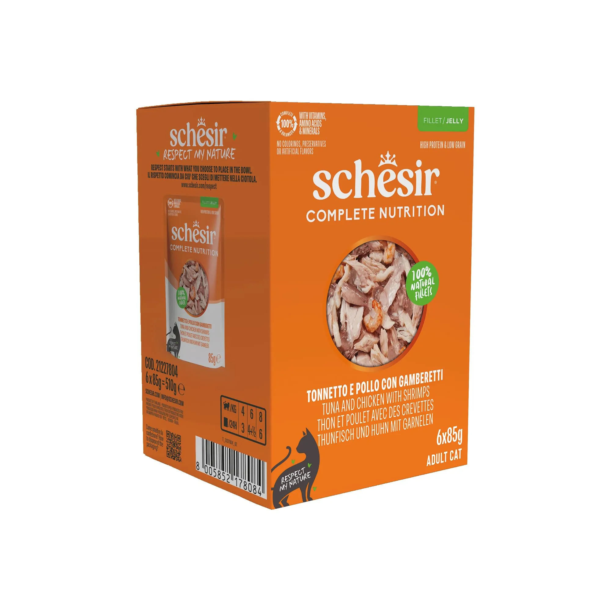 Schesir Tonnetto e Pollo con Gamberetti in Gelatina, Alimento Umido Completo per Gatti, 6 x 85g - immagine 1