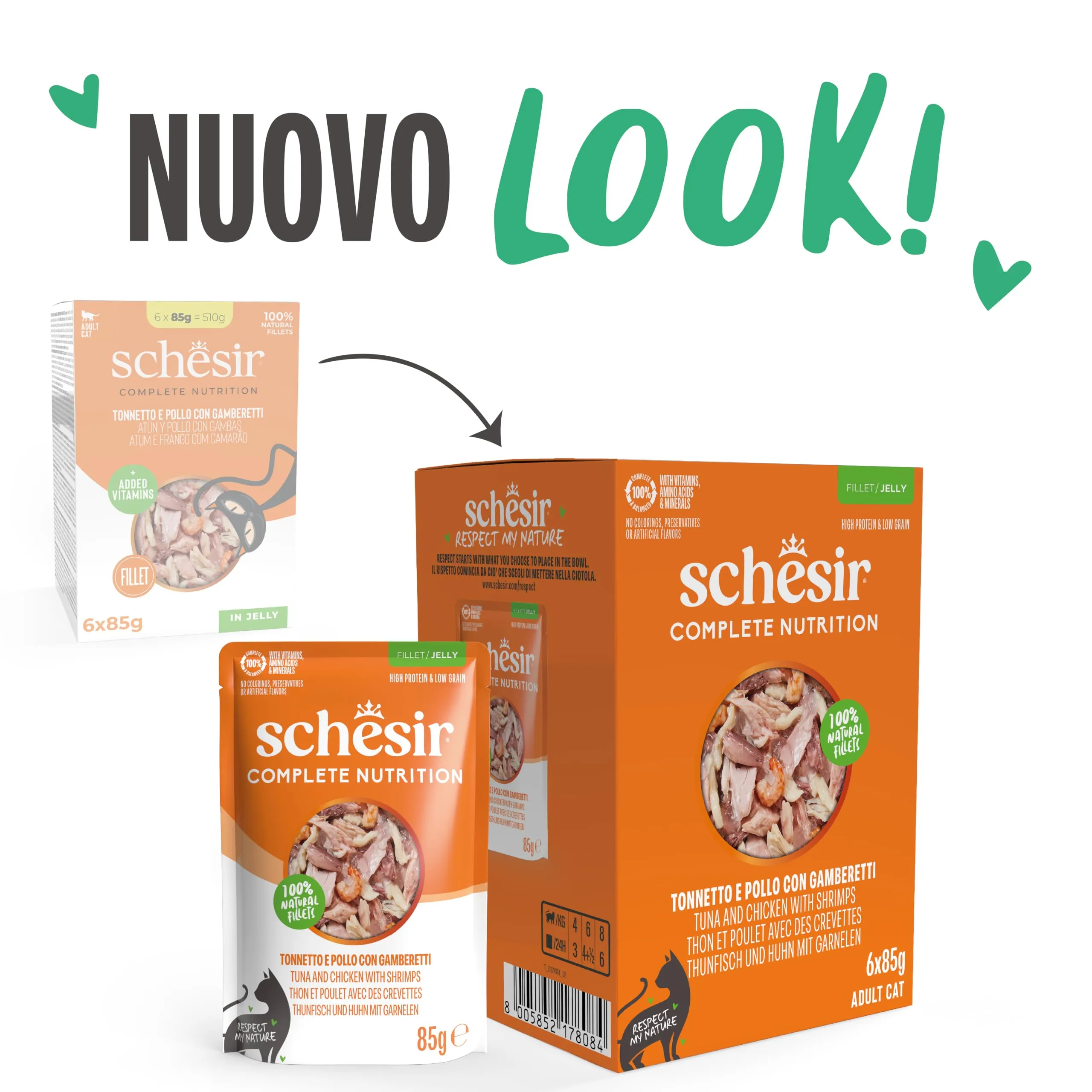 Schesir Tonnetto e Pollo con Gamberetti in Gelatina, Alimento Umido Completo per Gatti, 6 x 85g - immagine 2