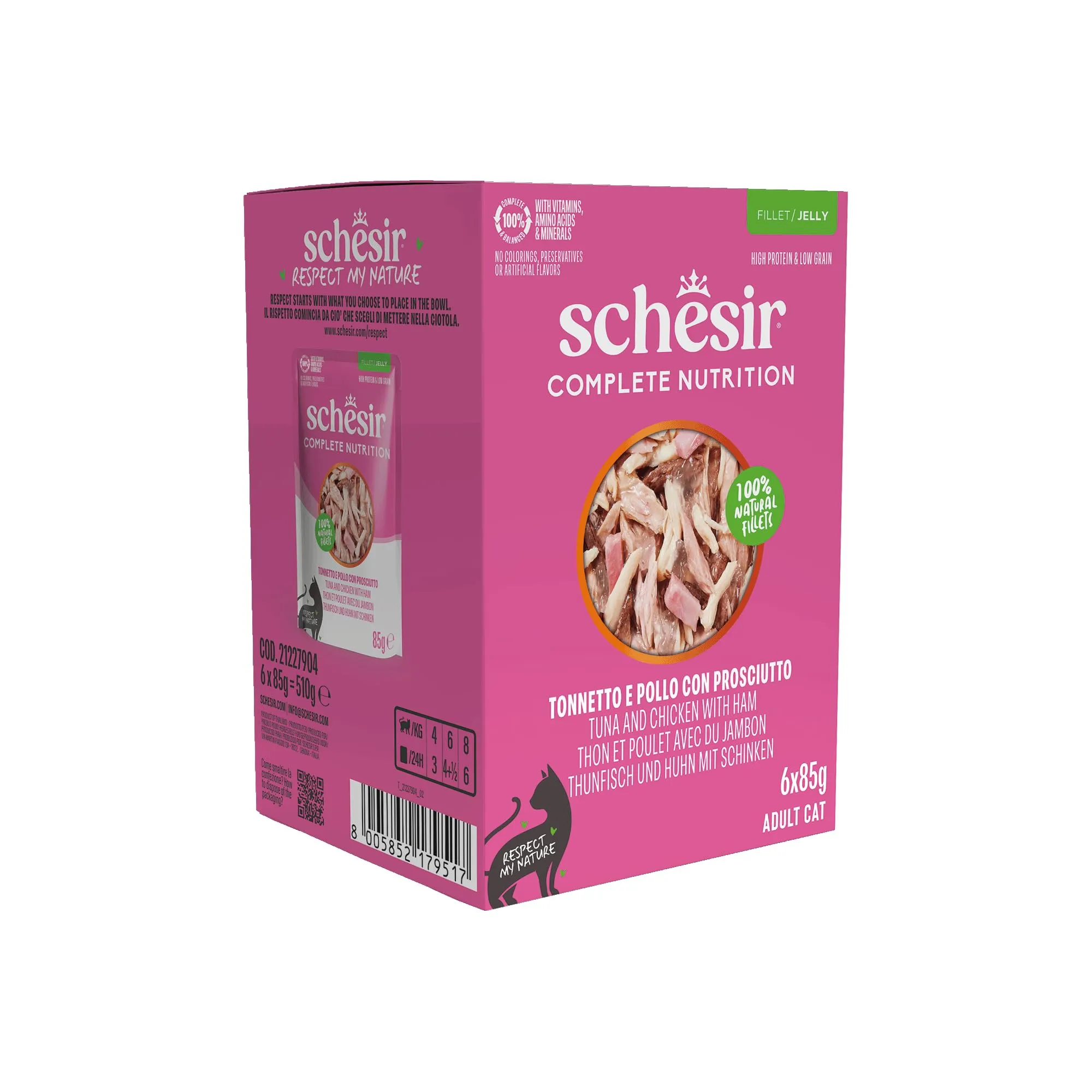 Schesir Tonnetto e Pollo con Prosciutto in Gelatina, Alimento Umido Completo per Gatti, 6 x 85g - immagine 1
