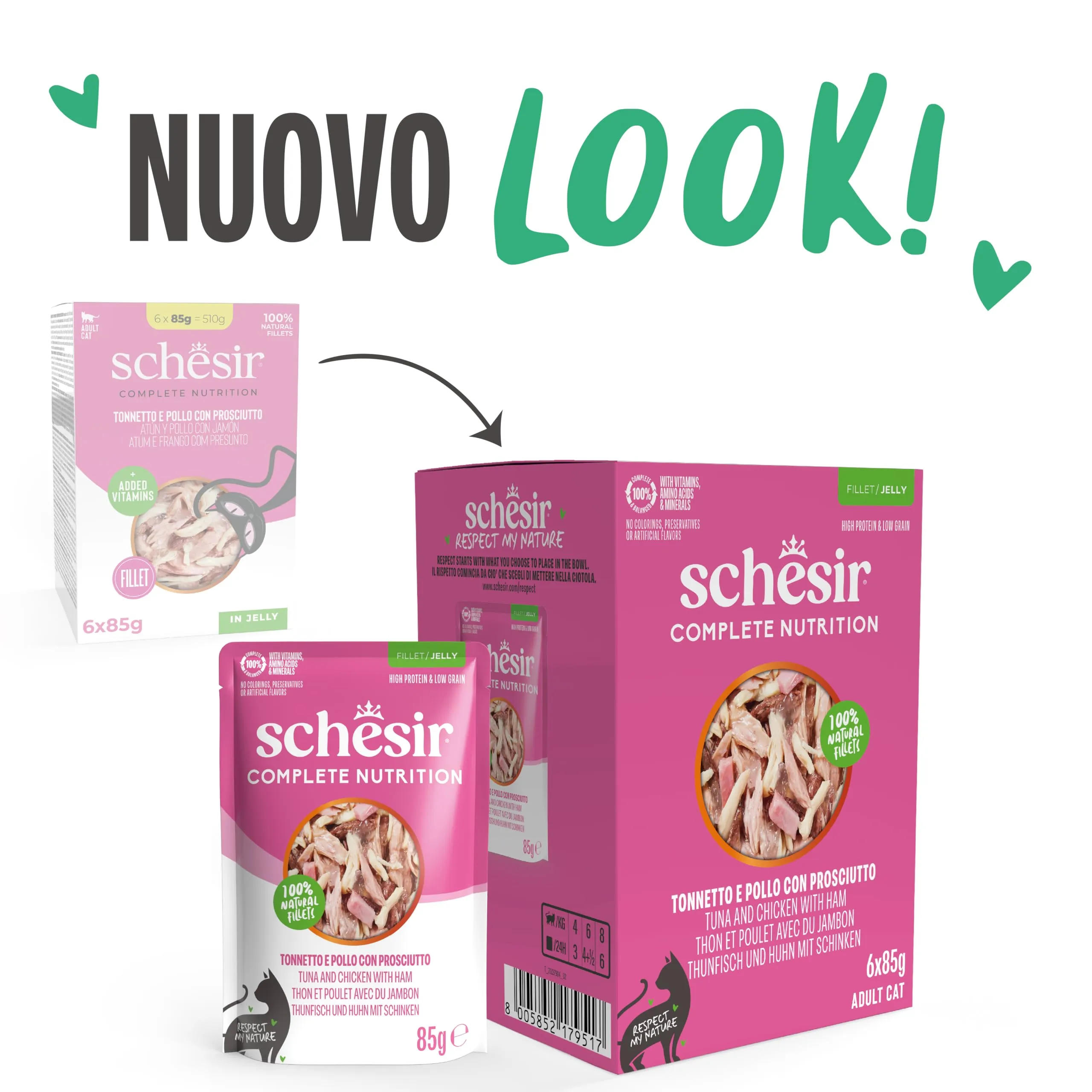 Schesir Tonnetto e Pollo con Prosciutto in Gelatina, Alimento Umido Completo per Gatti, 6 x 85g - immagine 2