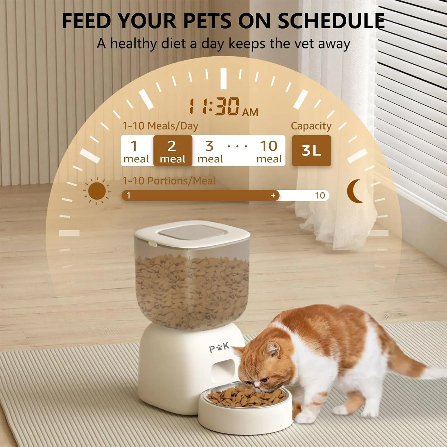 PUPPY KITTY Distributore Automatico Cibo Gatti WiFi, Controllo App, Registrazione Vocale 10S, Ciotola in Acciaio Inossidabile 304, 3L - immagine 3