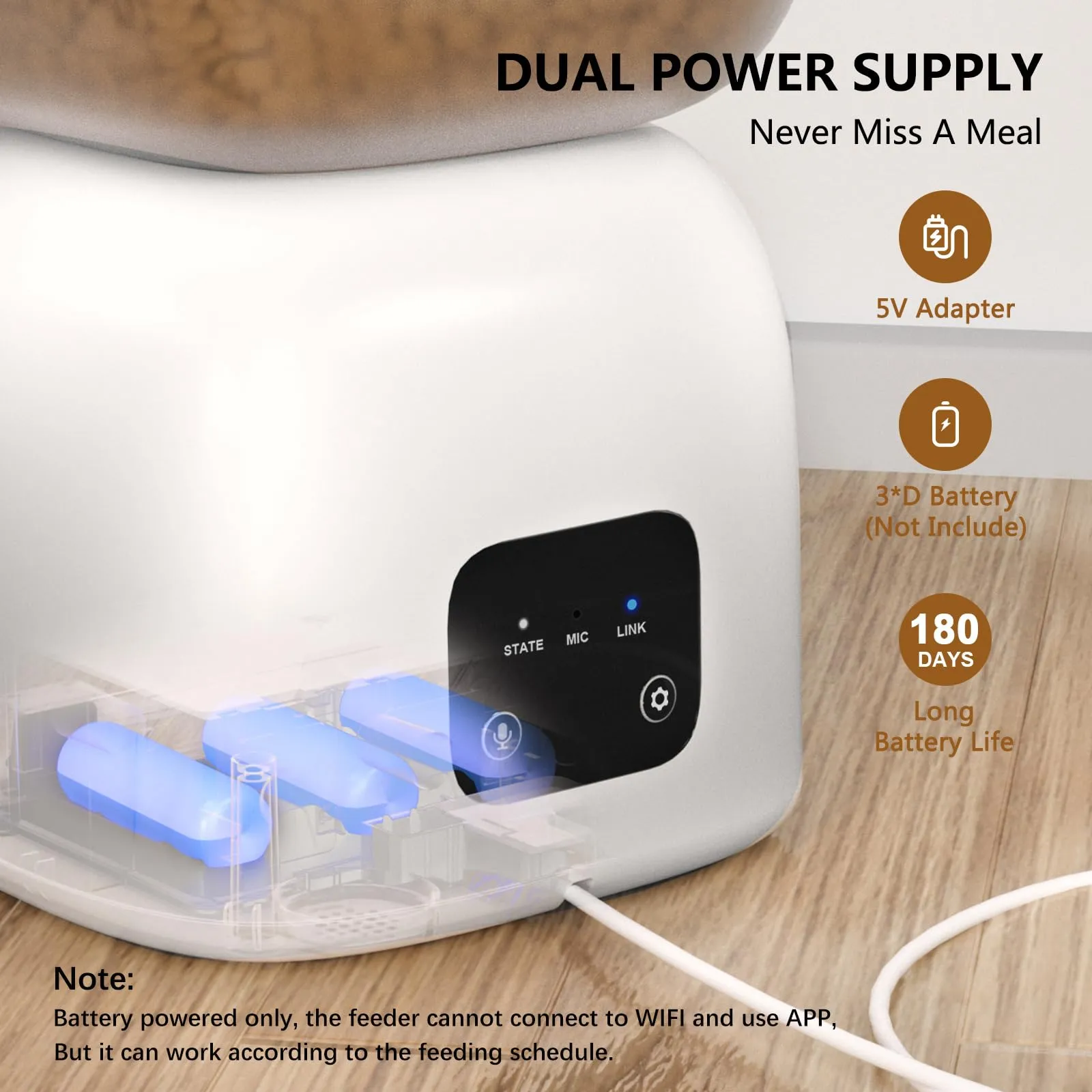 PUPPY KITTY Distributore Automatico Cibo Gatti WiFi, Controllo App, Registrazione Vocale 10S, Ciotola in Acciaio Inossidabile 304, 3L - immagine 6