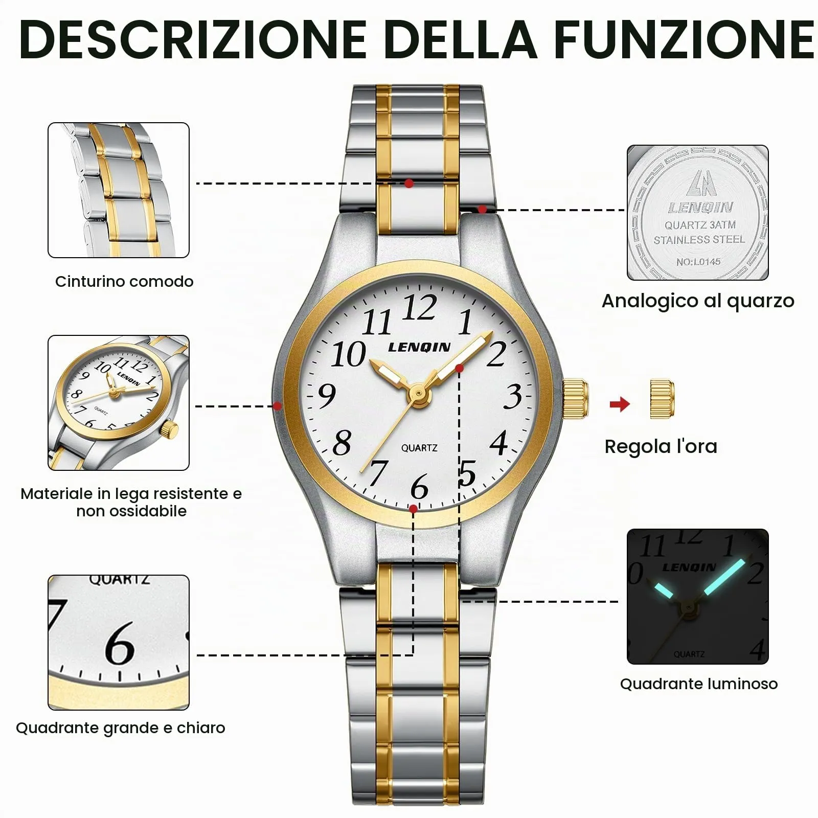 LN LENQIN Orologio Donna Analogico al Quarzo in Pelle L0145 - immagine 8