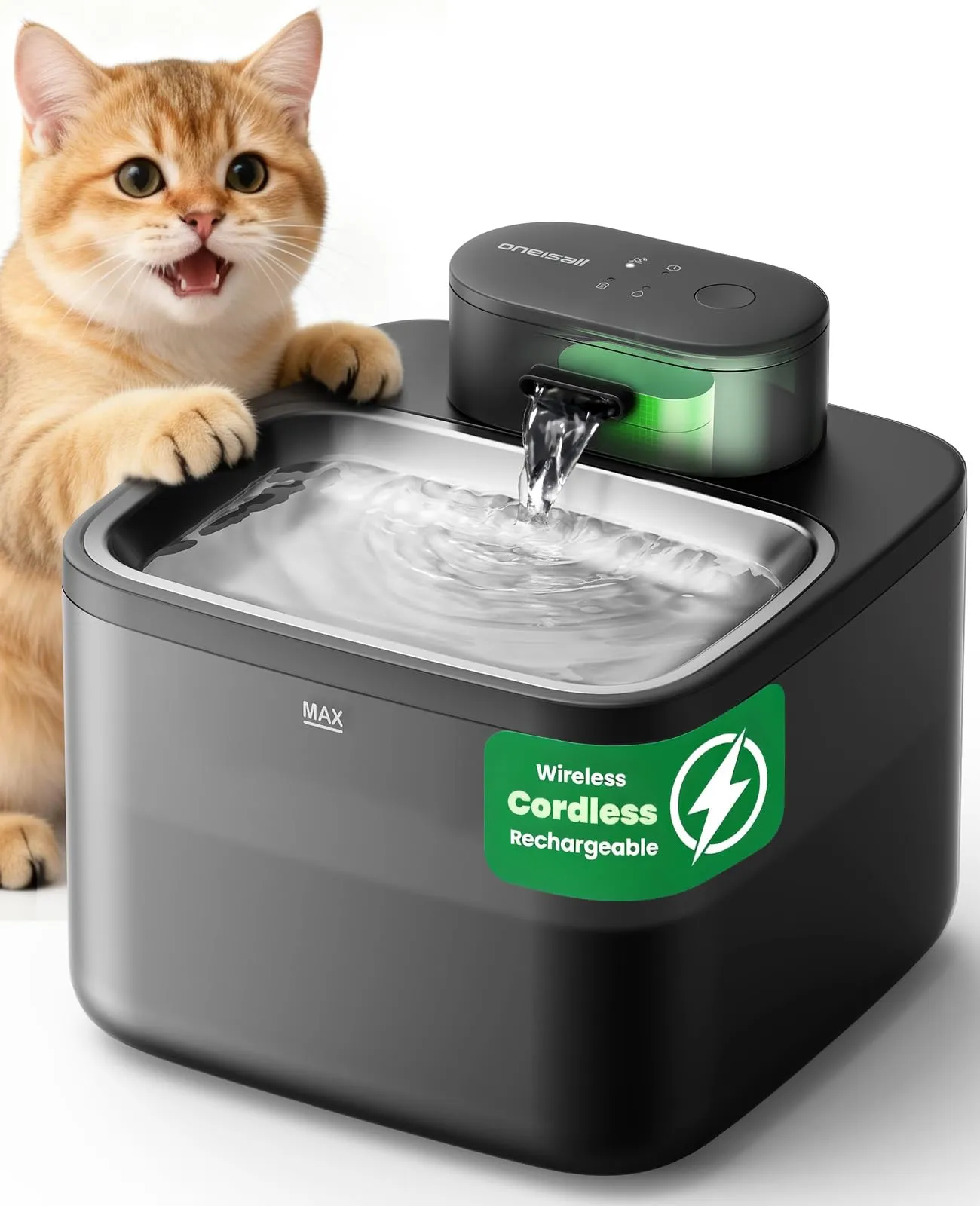 oneisall Fontana per gatti senza fili, 2.2 L, Acciaio inossidabile 304, PP, ABS - immagine 1