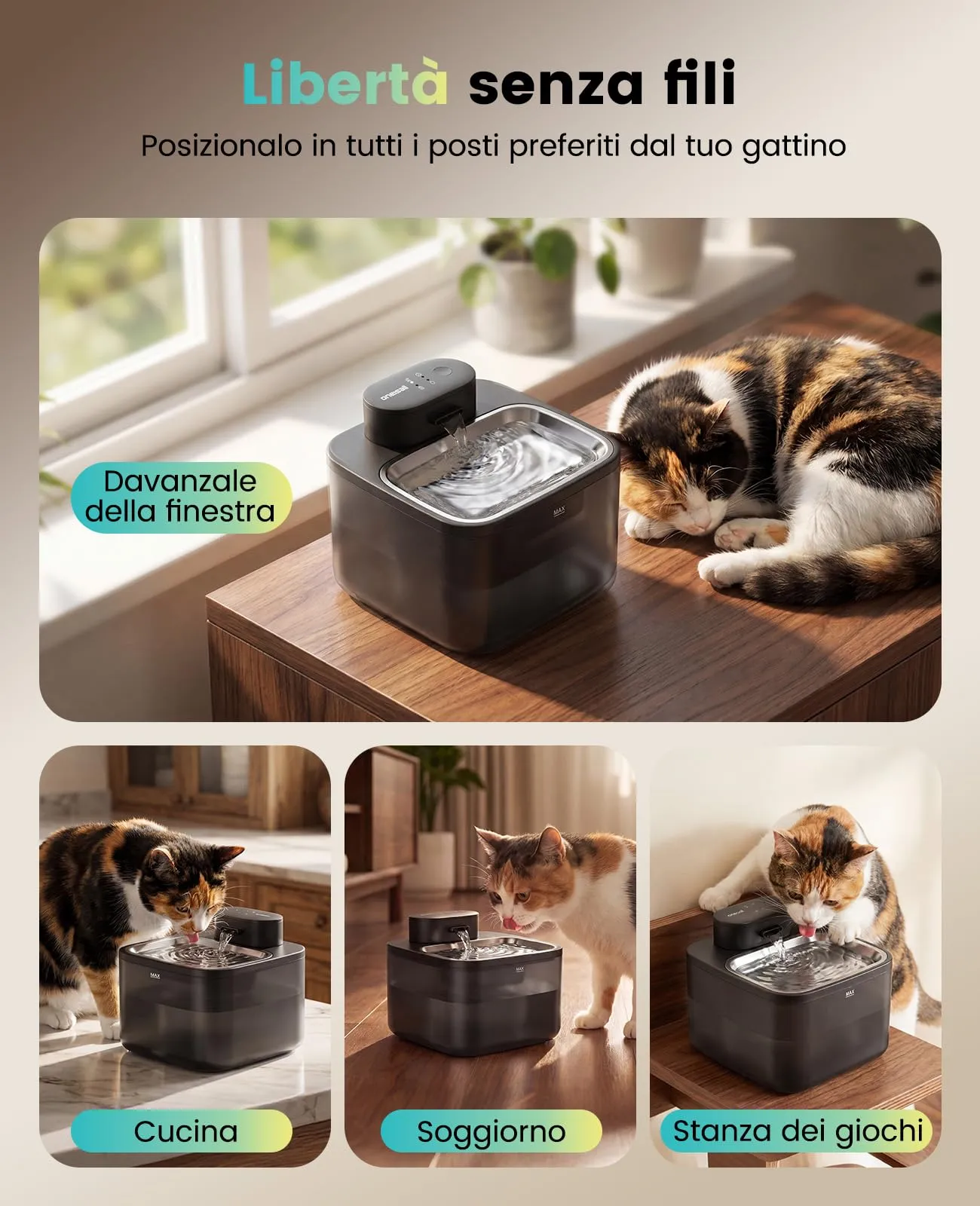 oneisall Fontana per gatti senza fili, 2.2 L, Acciaio inossidabile 304, PP, ABS - immagine 2