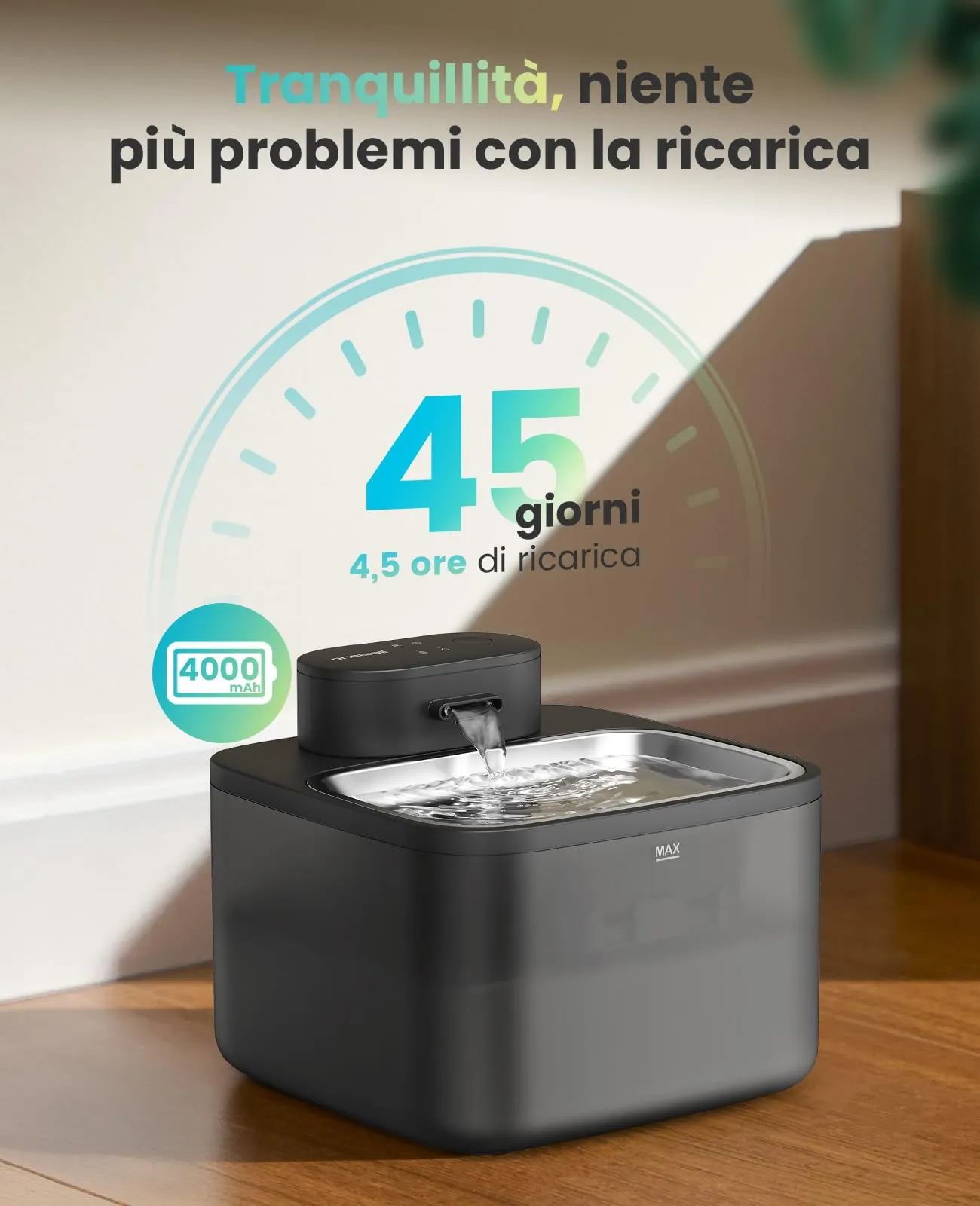 oneisall Fontana per gatti senza fili, 2.2 L, Acciaio inossidabile 304, PP, ABS - immagine 3