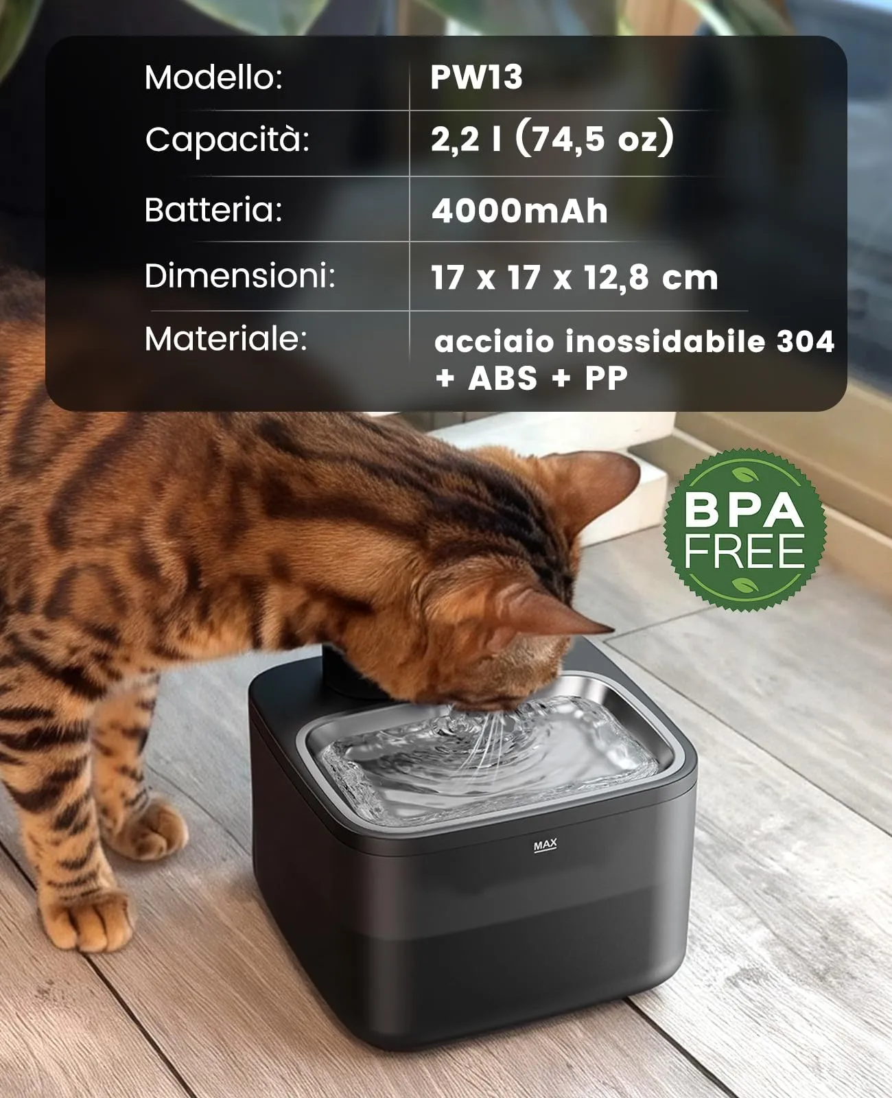oneisall Fontana per gatti senza fili, 2.2 L, Acciaio inossidabile 304, PP, ABS - immagine 9
