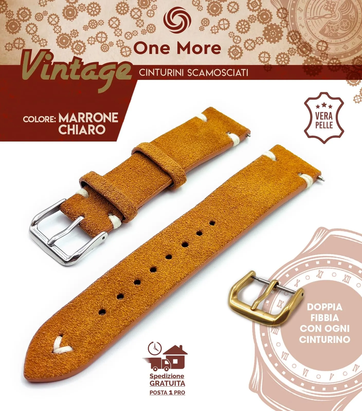 Generico One More Strap Cinturino in Vera Pelle Scamosciata Vintage 20mm Marrone - immagine 2