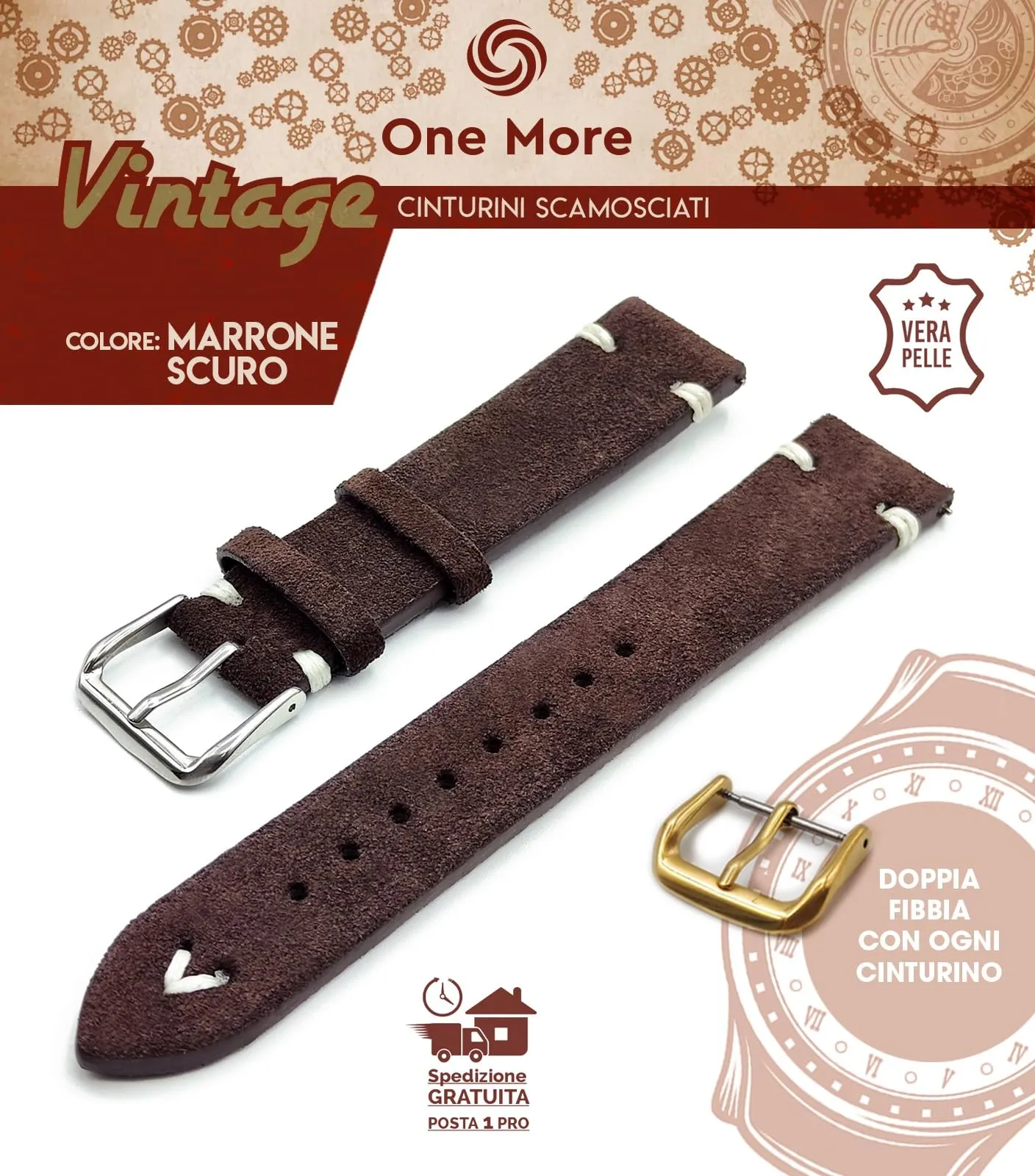 Generico One More Strap Cinturino in Vera Pelle Scamosciata Vintage 22mm Marrone Scuro - immagine 2
