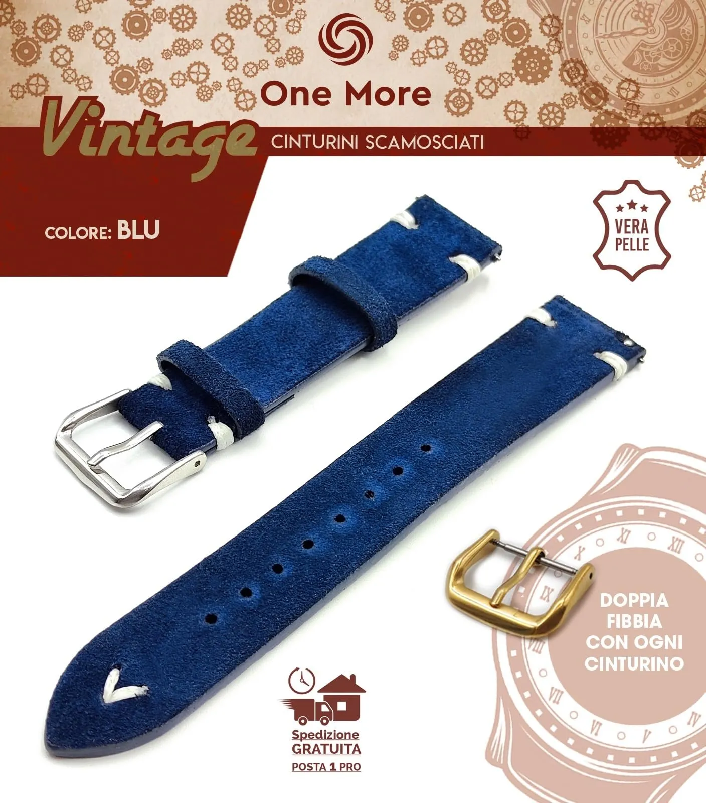 Generico One More Strap Cinturino in Pelle Scamosciata Vintage 22mm, Blu - immagine 2