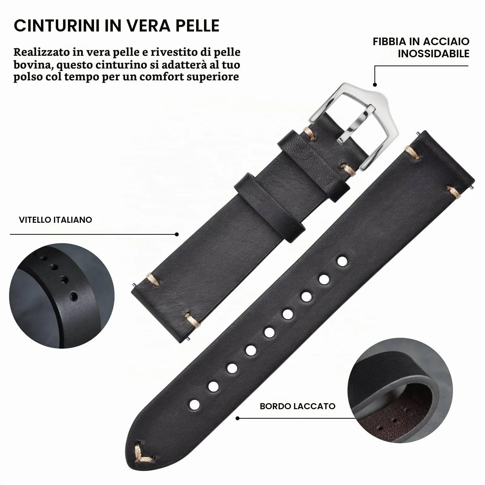 BISONSTRAP Cinturino in Pelle per Orologio Uomo, Sgancio Rapido, 19mm, Nero con Fibbia Argento - immagine 4