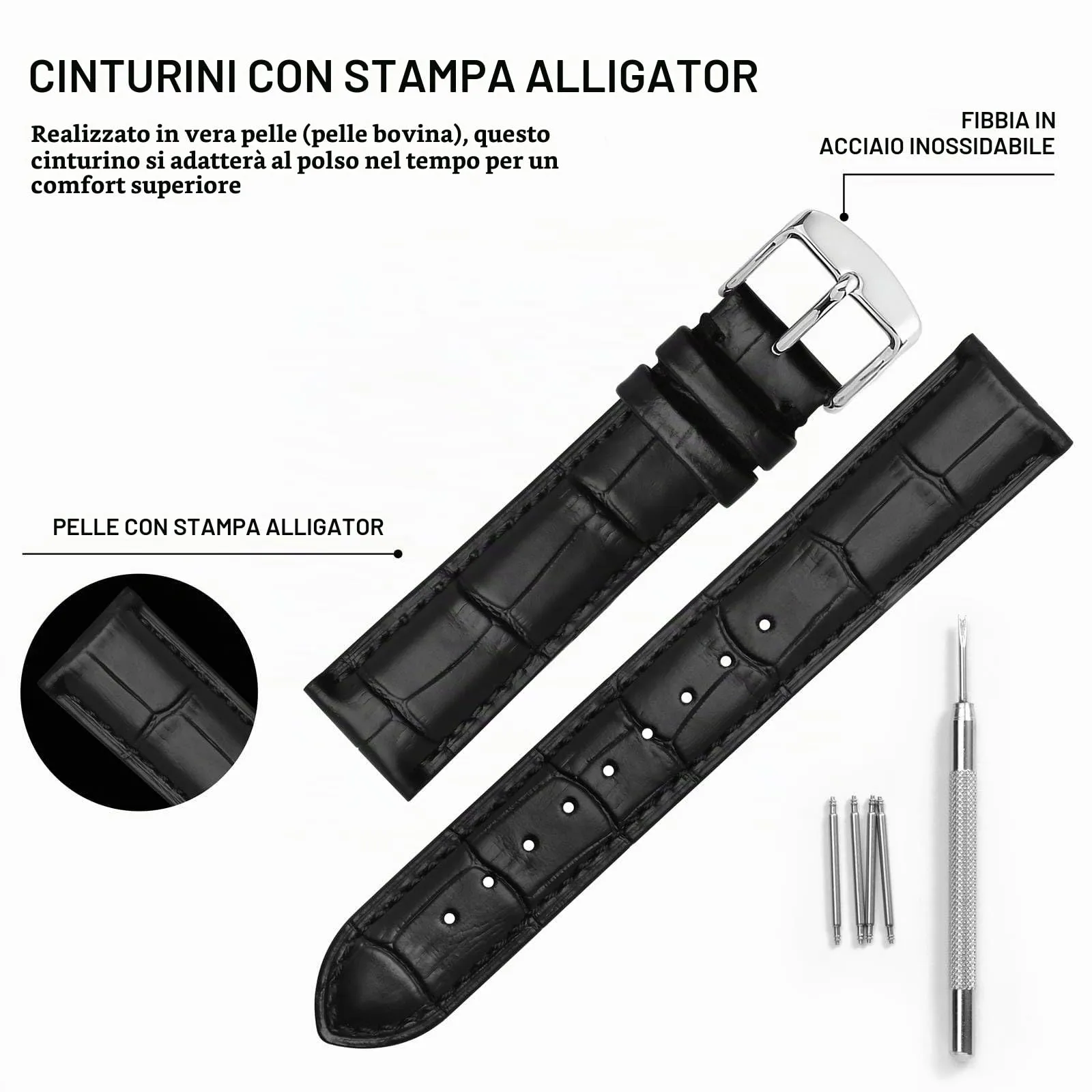BISONSTRAP Cinturino per Orologi in Pelle Goffrata Alligatore, 24mm, Nero con Fibbia Argento - immagine 4