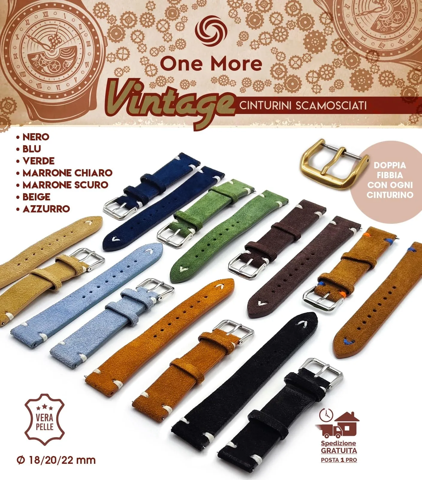 Generico One More Strap Cinturino in Vera Pelle Scamosciata Vintage 22mm Marrone orange/blue - immagine 3