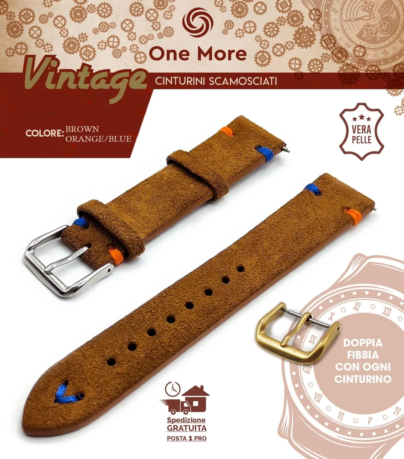 Generico Cinturino in Pelle Scamosciata Vintage One More Strap 18mm Marrone orange/blue - immagine 2