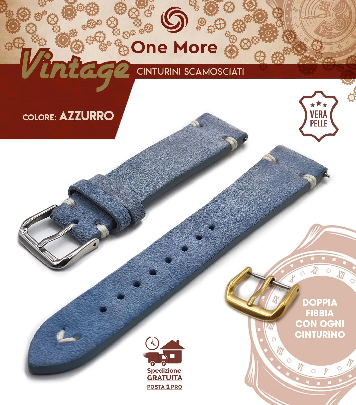 Generico Cinturino in Vera Pelle Scamosciata Vintage One More Strap 18mm - Azzurro - immagine 2