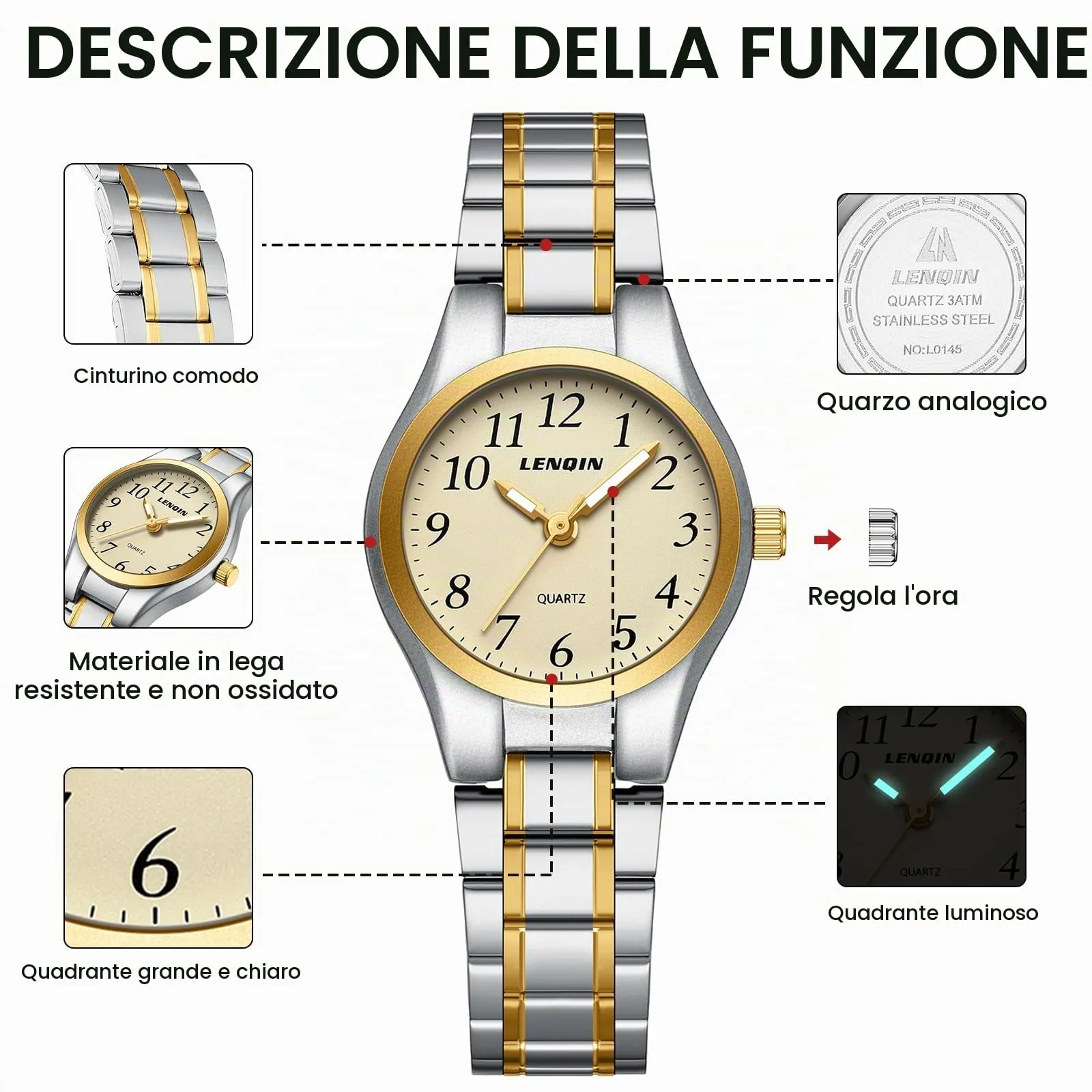 LN LENQIN Orologio Donna Analogico al Quarzo in Acciaio Inossidabile L0145 - immagine 8