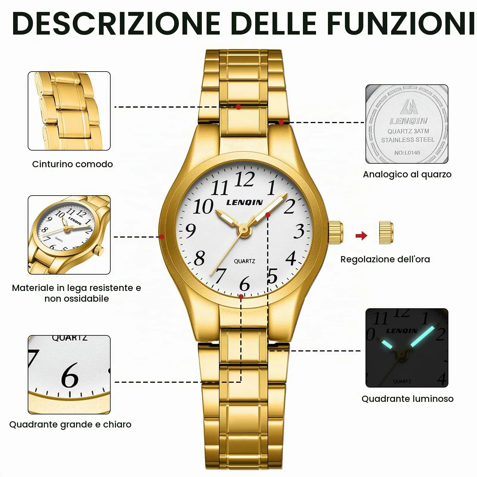 LN LENQIN Orologio Donna Analogico Quarzo L0145 Cinturino in Pelle - immagine 8