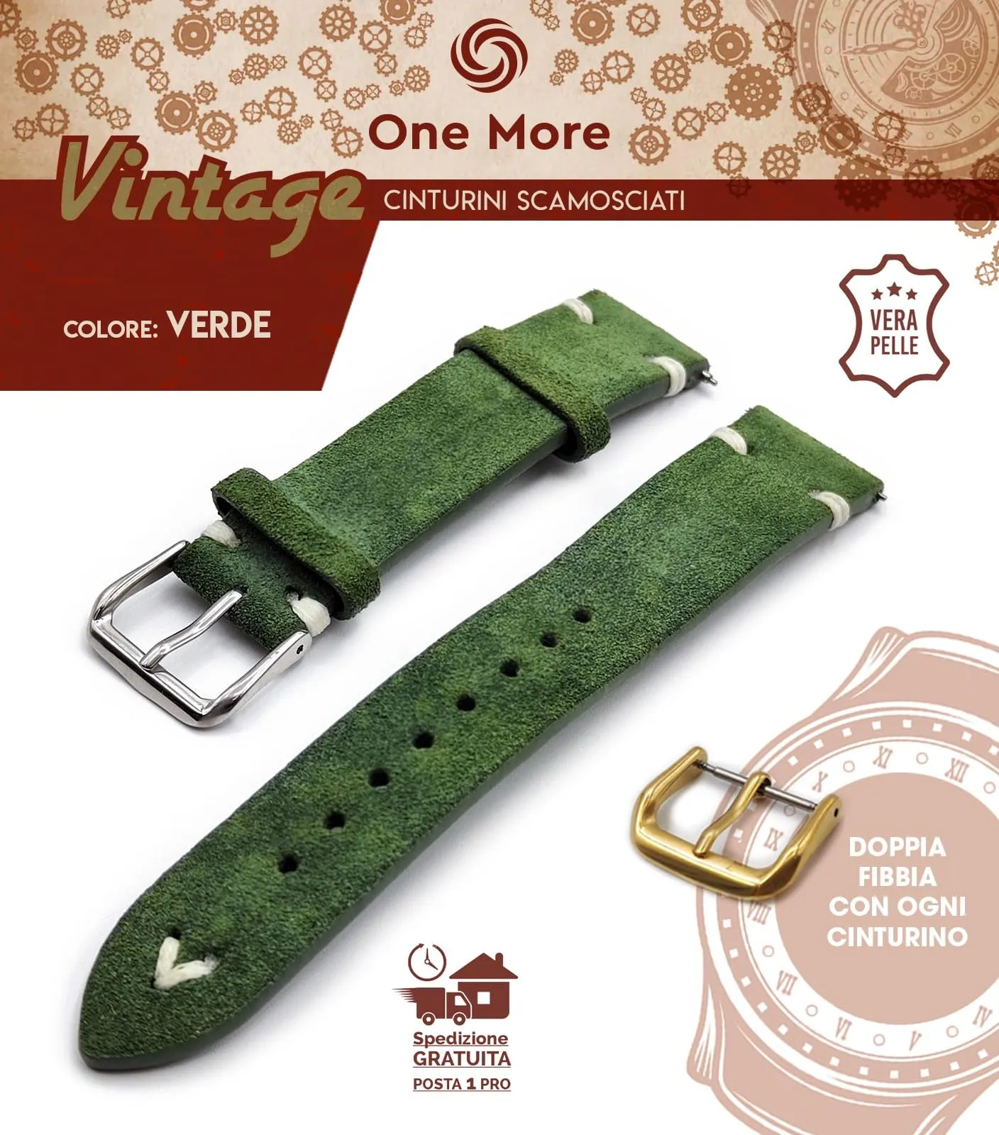 Generico Cinturino in Vera Pelle Scamosciata Vintage One More Strap, 20mm, Verde - immagine 2
