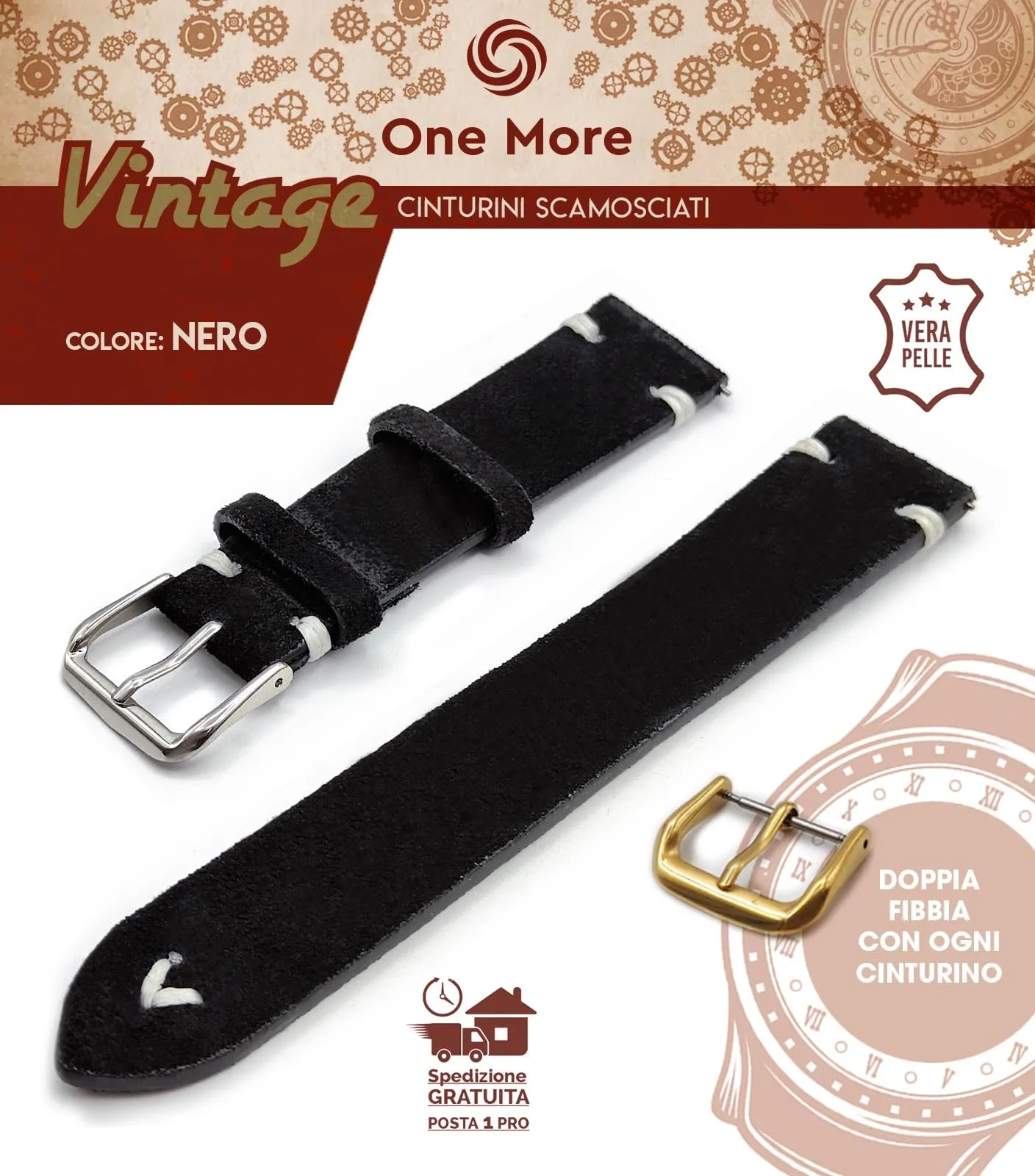 Generico One More Strap Cinturino in Vera Pelle Scamosciata Vintage, Nero, 18mm - immagine 2