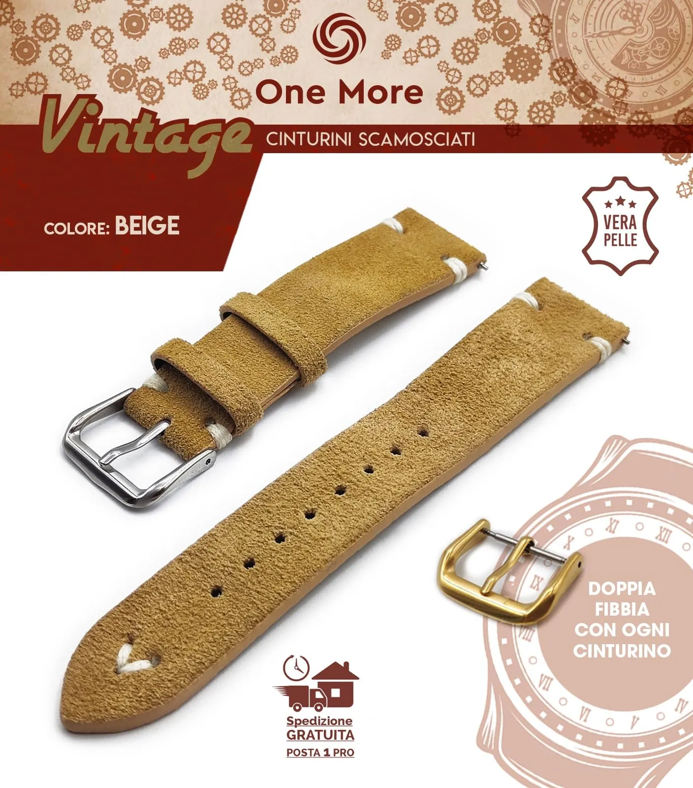 Generico Cinturino in Vera Pelle Scamosciata Vintage One More Strap Beige 18mm - immagine 2