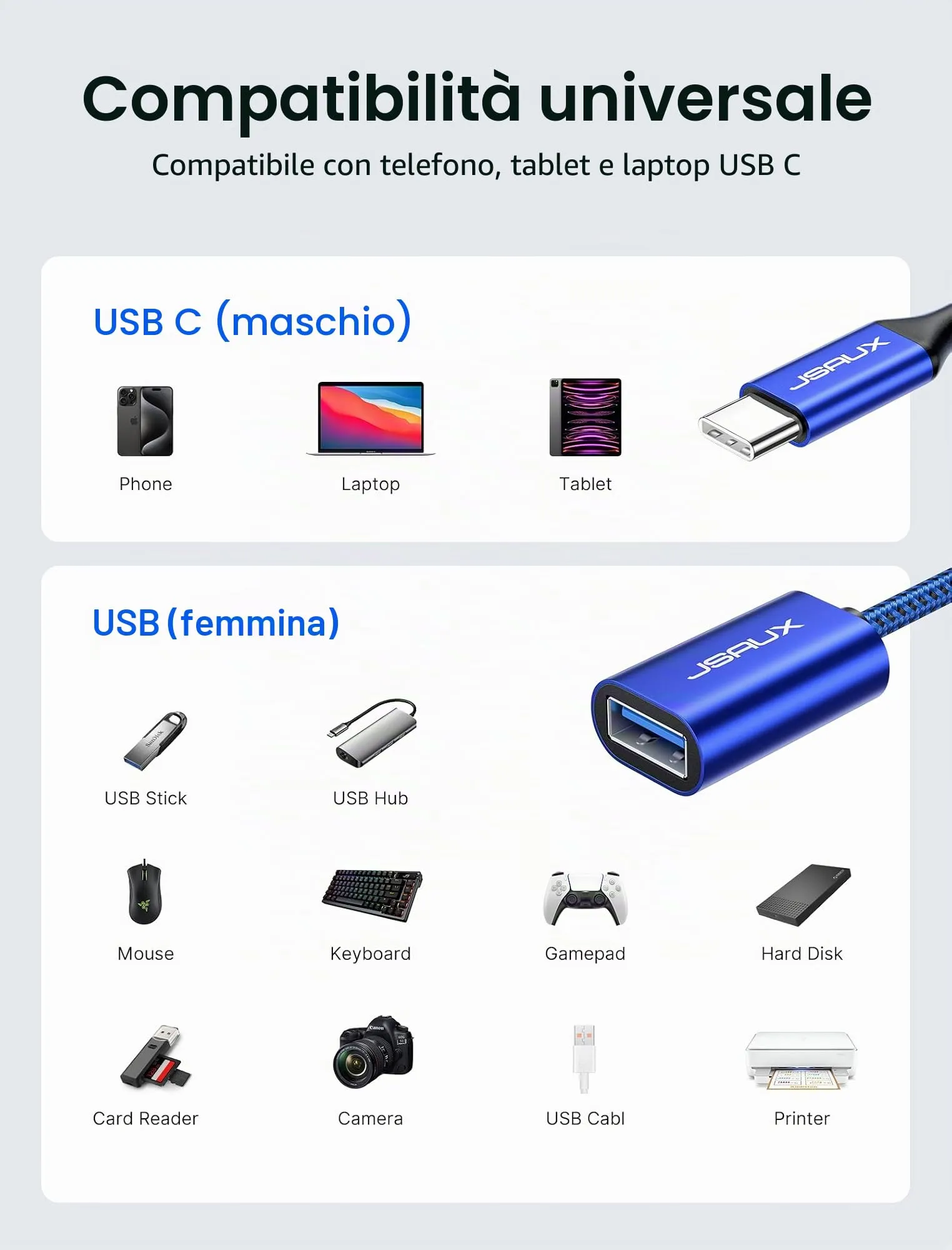 JSAUX Adattatore USB-C a USB 3.1 OTG, Blu (confezione da 2) - immagine 5