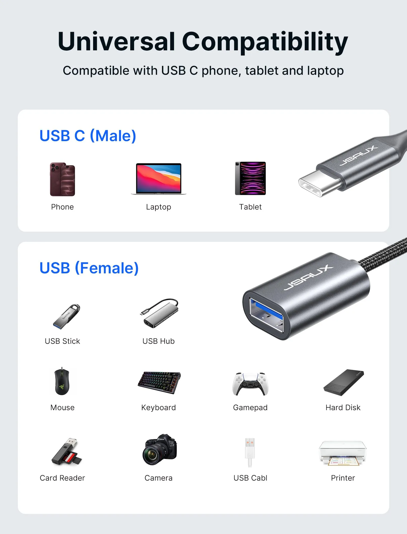 JSAUX Adattatore USB-C a USB 3.0 OTG, Tipo C Maschio a USB Femmina, 2 Pezzi, Grigio - immagine 7