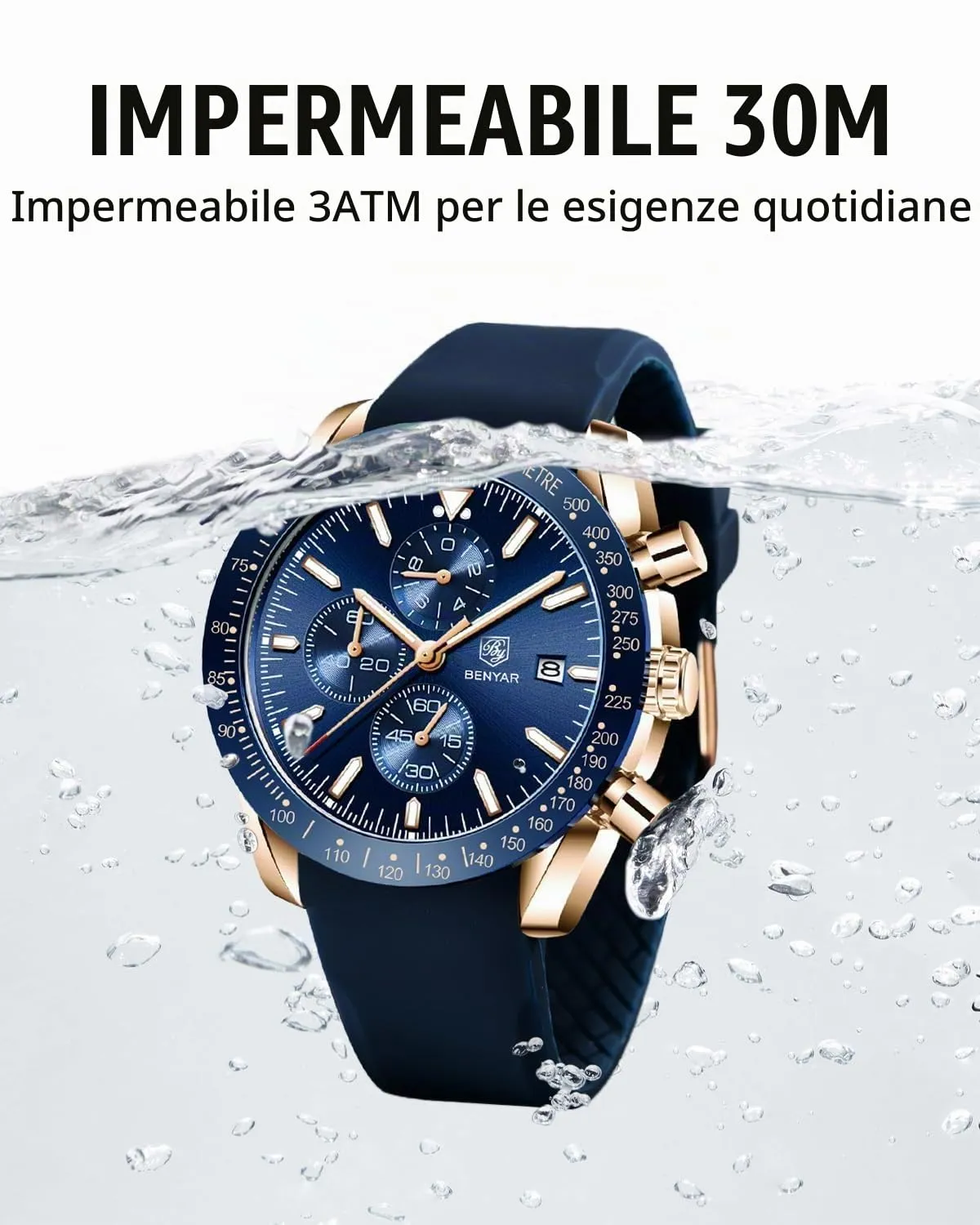 Benyar BY-5140 Orologio da Uomo Cronografo in Acciaio Inox e Silicone, Movimento al Quarzo, Blu Dorato - immagine 5