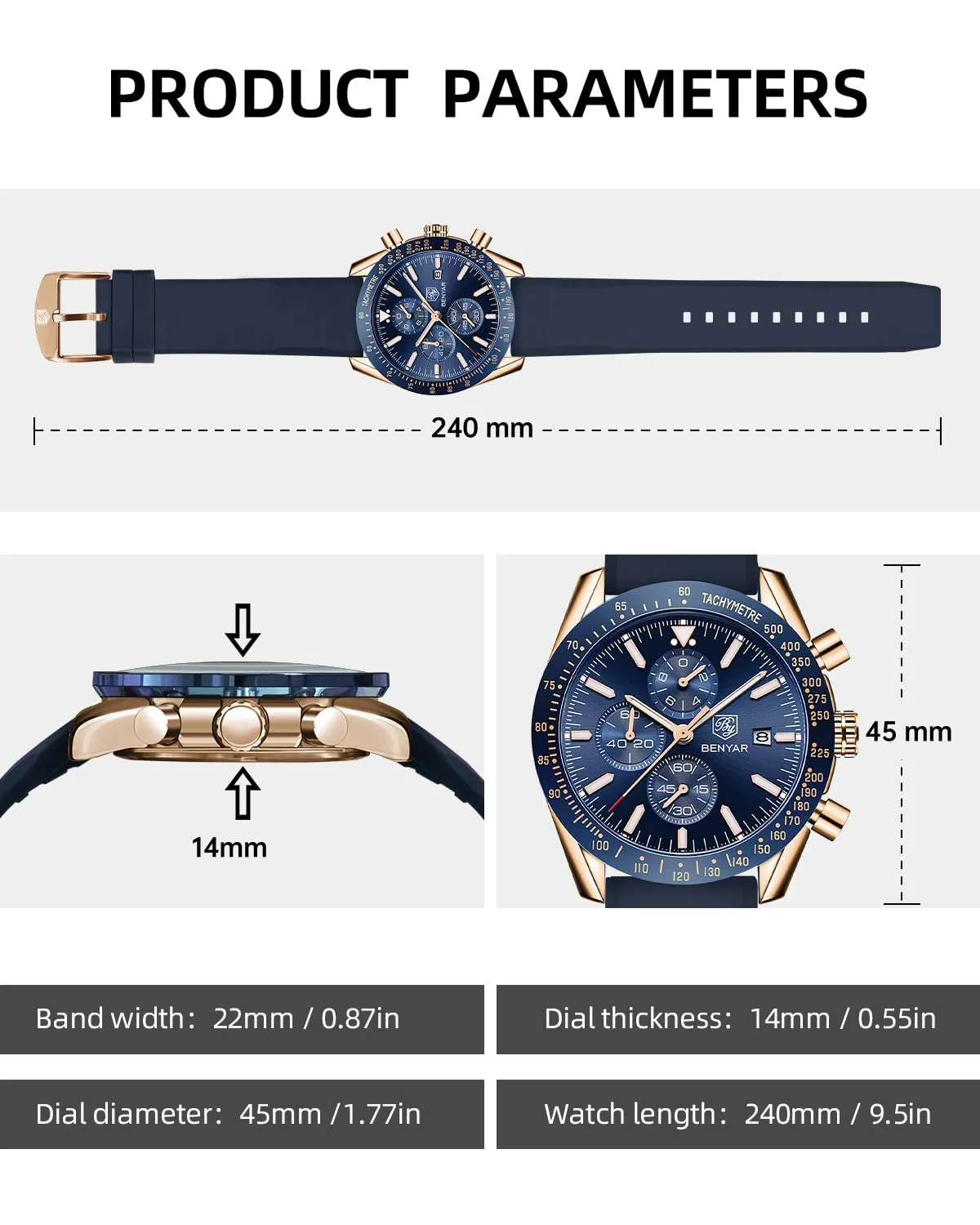 Benyar BY-5140 Orologio da Uomo Cronografo in Acciaio Inox e Silicone, Movimento al Quarzo, Blu Dorato - immagine 6