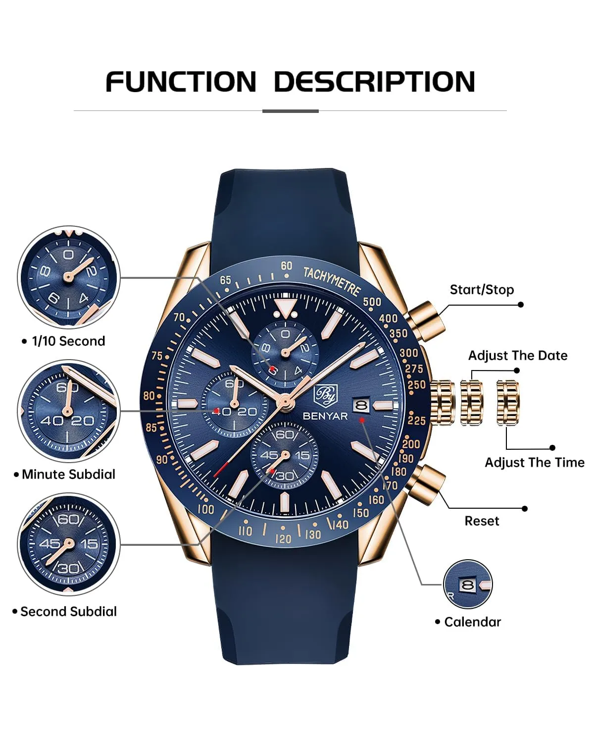 Benyar BY-5140 Orologio da Uomo Cronografo in Acciaio Inox e Silicone, Movimento al Quarzo, Blu Dorato - immagine 7