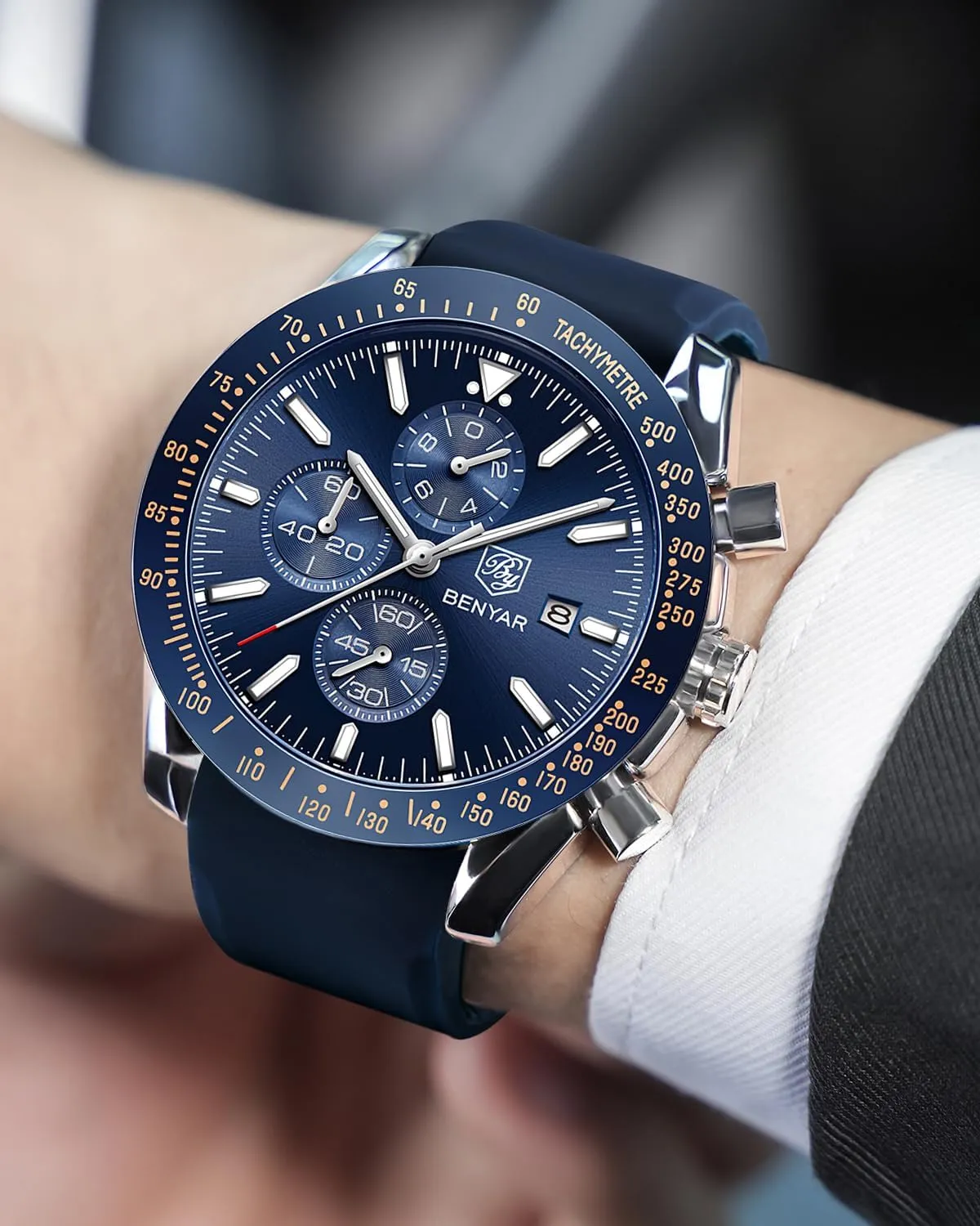 Benyar Orologio da Uomo Cronografo Analogico al Quarzo, Argento Blu - immagine 3