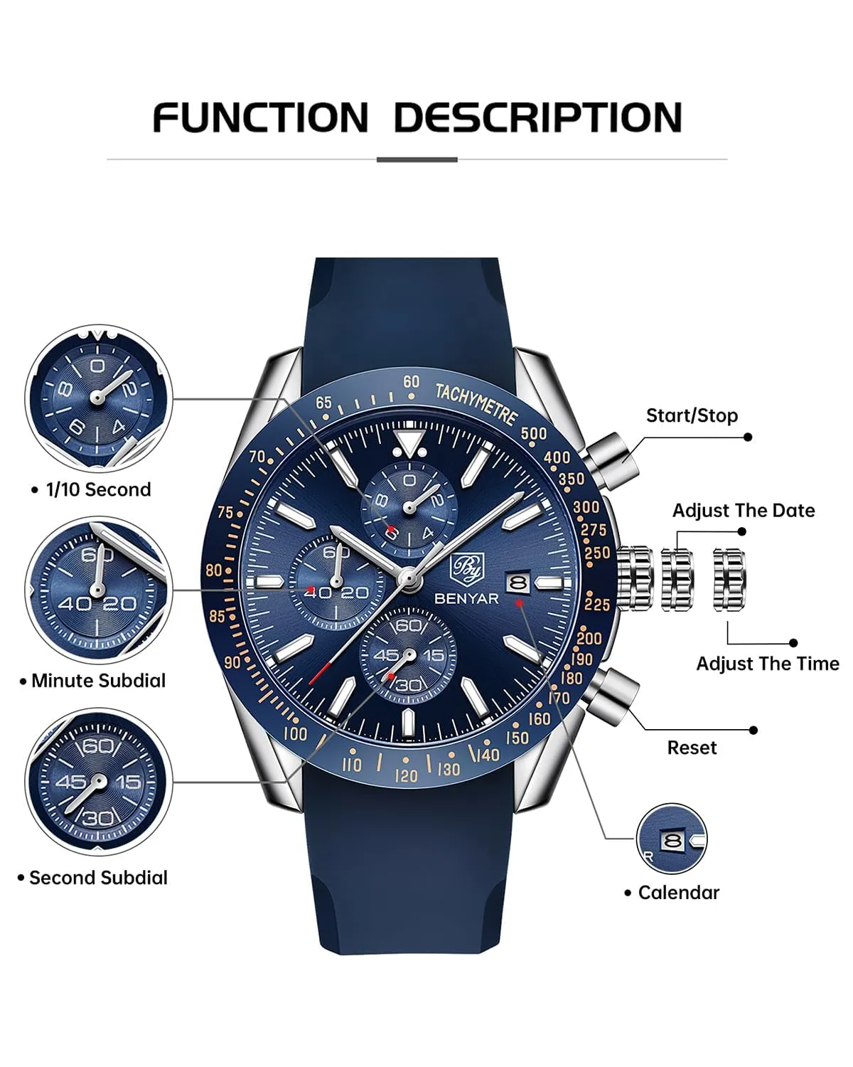 Benyar Orologio da Uomo Cronografo Analogico al Quarzo, Argento Blu - immagine 7