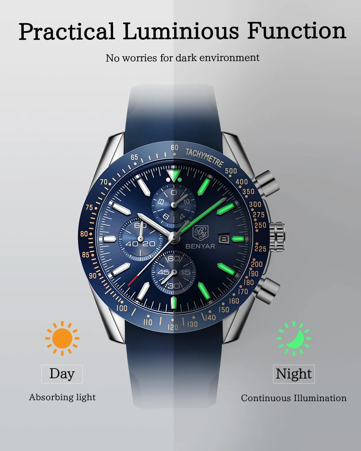 Benyar Orologio da Uomo Cronografo Analogico al Quarzo, Argento Blu - immagine 8
