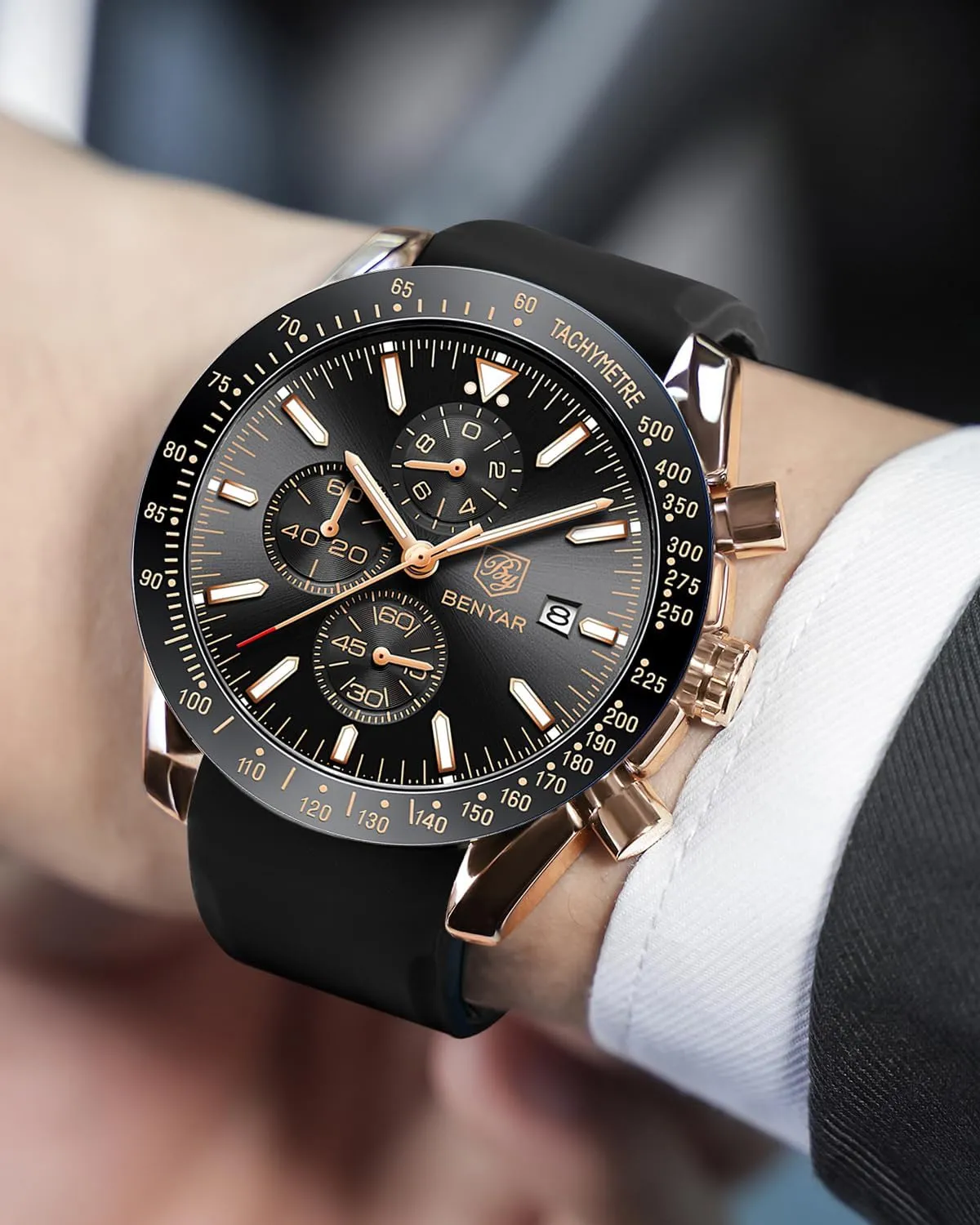 BENYAR BY-5140 Orologio da uomo Analogico al Quarzo Cronografo Impermeabile Nero/Oro - immagine 3