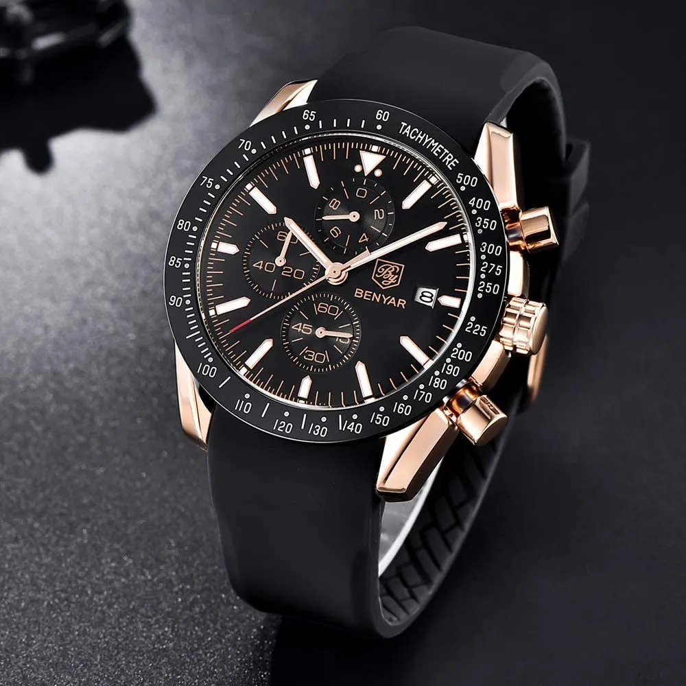 BENYAR BY-5140 Orologio da uomo Analogico al Quarzo Cronografo Impermeabile Nero/Oro - immagine 4
