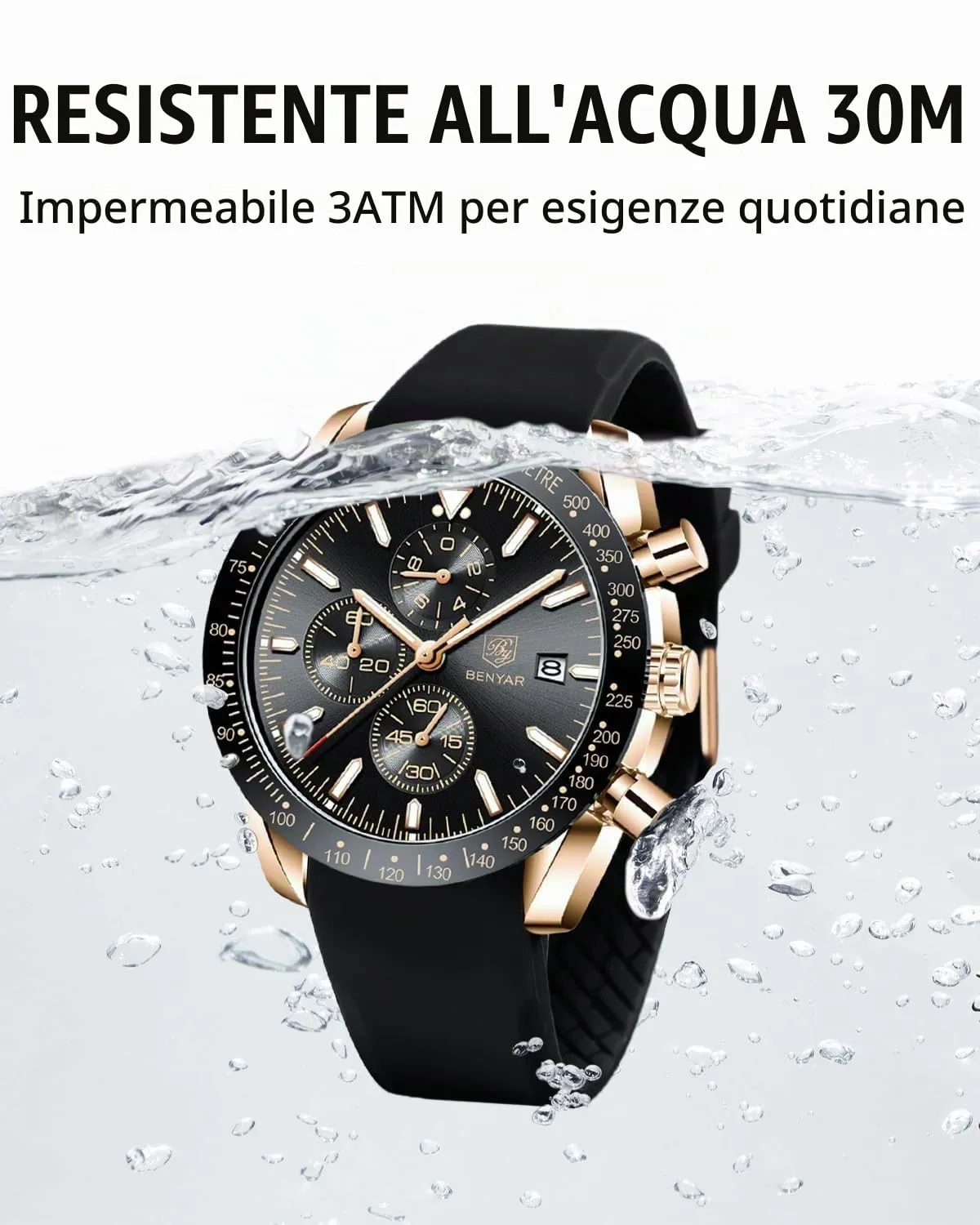 BENYAR BY-5140 Orologio da uomo Analogico al Quarzo Cronografo Impermeabile Nero/Oro - immagine 5