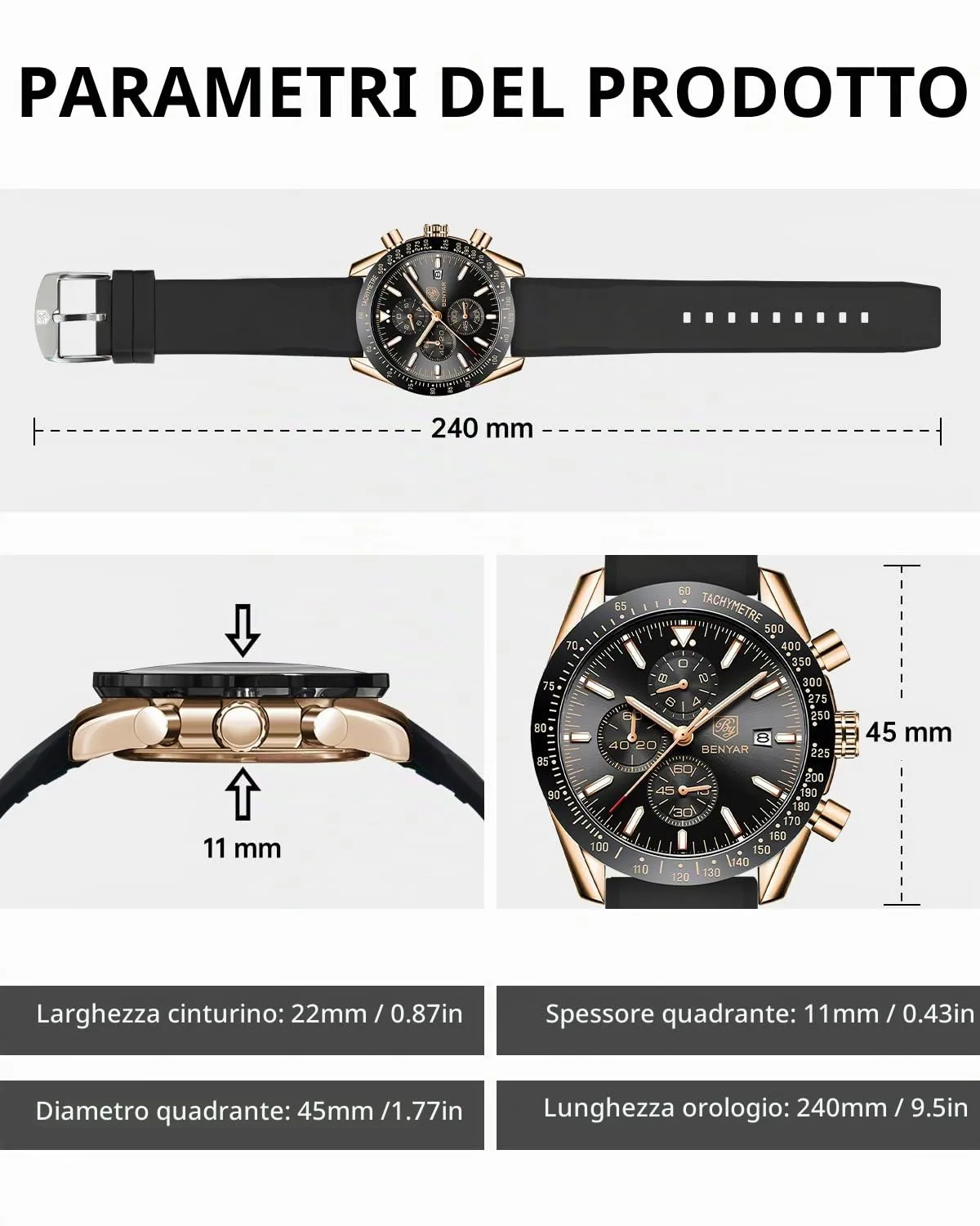 BENYAR BY-5140 Orologio da uomo Analogico al Quarzo Cronografo Impermeabile Nero/Oro - immagine 6