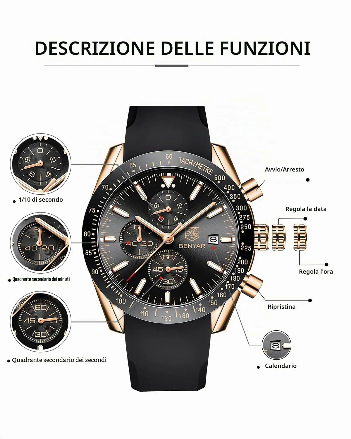BENYAR BY-5140 Orologio da uomo Analogico al Quarzo Cronografo Impermeabile Nero/Oro - immagine 7