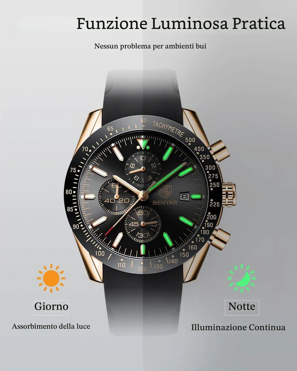 BENYAR BY-5140 Orologio da uomo Analogico al Quarzo Cronografo Impermeabile Nero/Oro - immagine 8