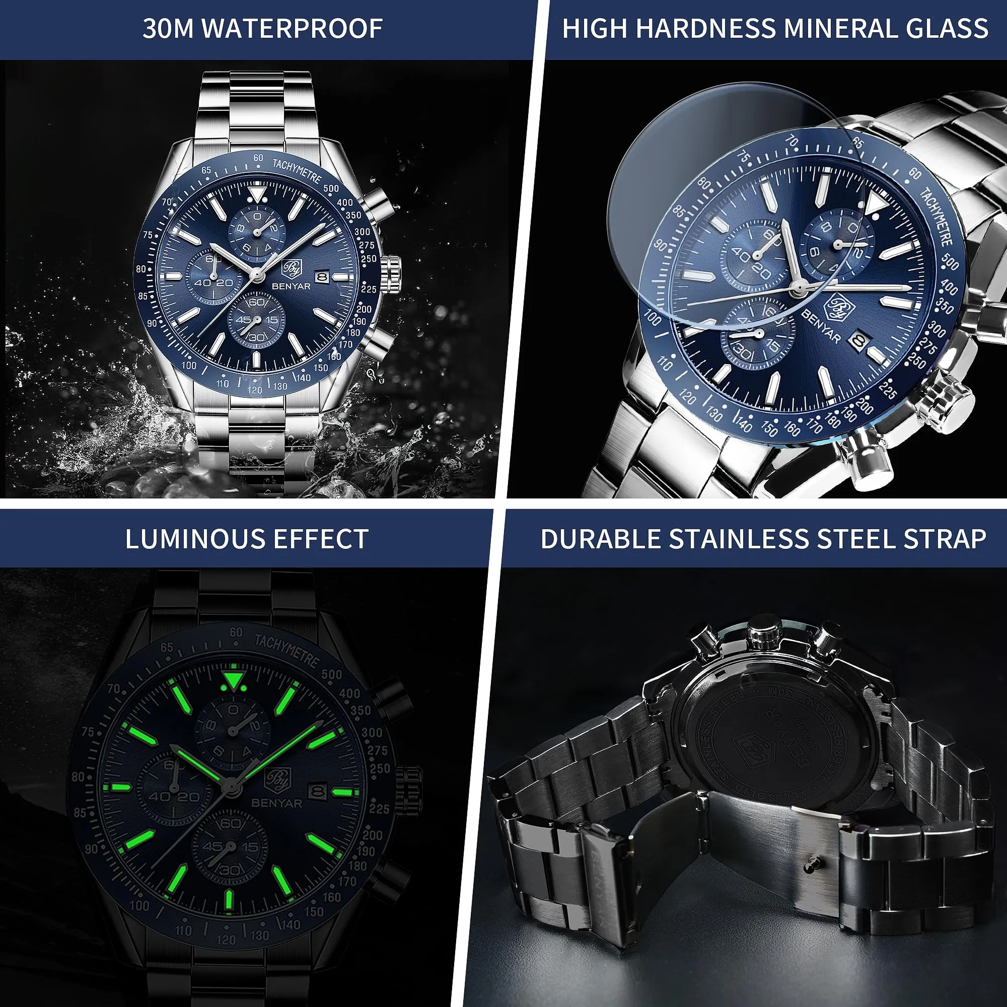 BENYAR Orologio da Uomo Cronografo Analogico al Quarzo BY-5140, Blu - immagine 5