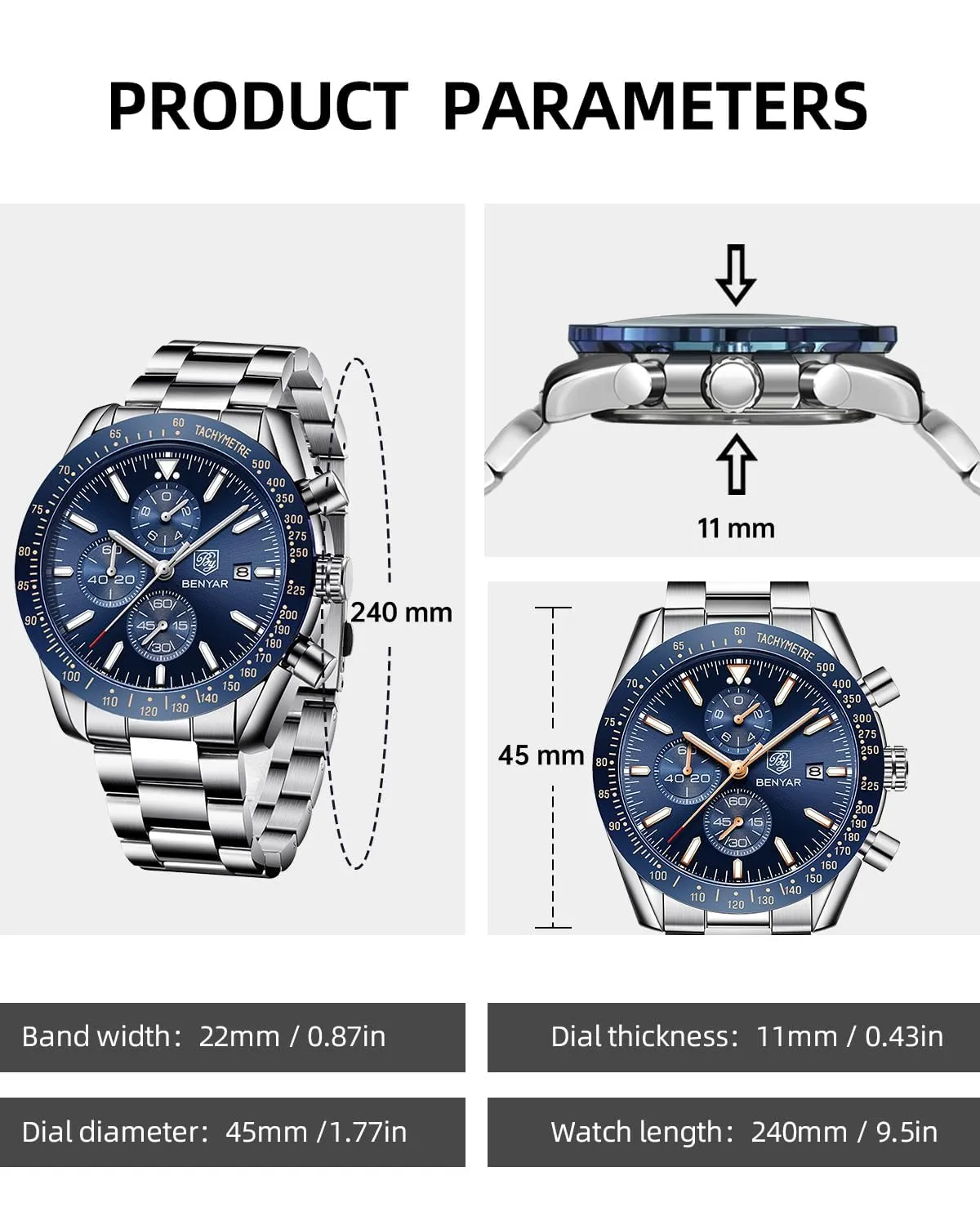 BENYAR Orologio da Uomo Cronografo Analogico al Quarzo BY-5140, Blu - immagine 6