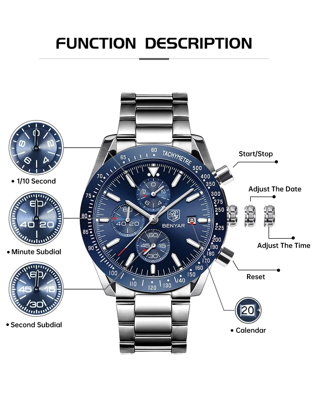 BENYAR Orologio da Uomo Cronografo Analogico al Quarzo BY-5140, Blu - immagine 7