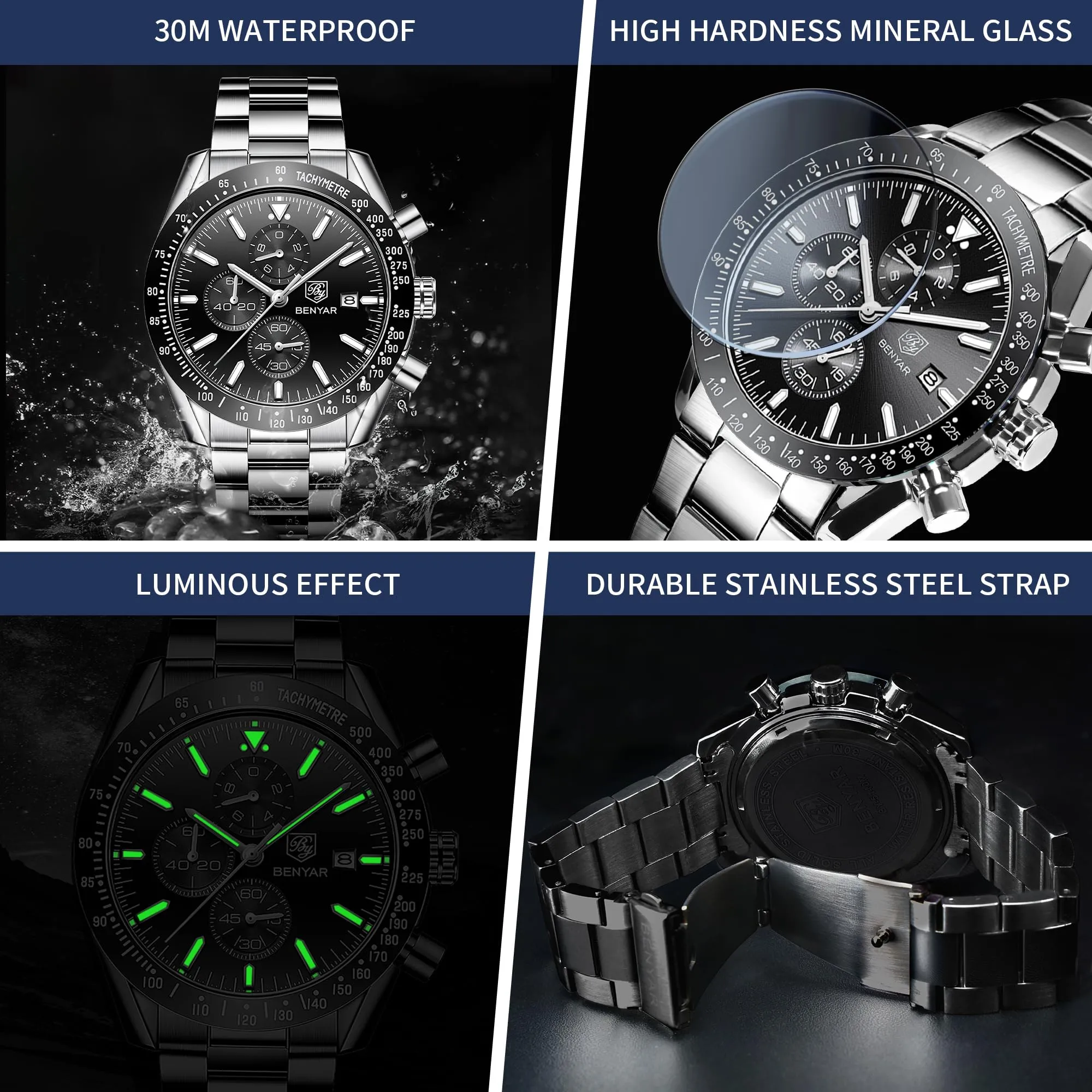 BENYAR Orologio da Uomo Cronografo Analogico al Quarzo BY-5140, Nero 2 - immagine 5
