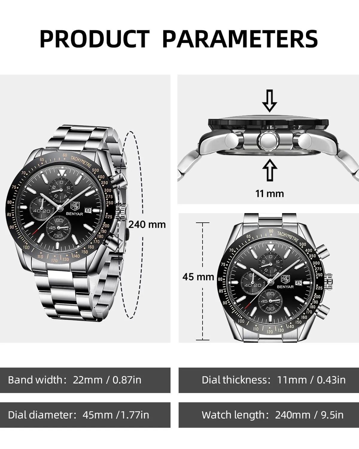 BENYAR Orologio da Uomo Cronografo Analogico al Quarzo BY-5140, Nero 2 - immagine 6