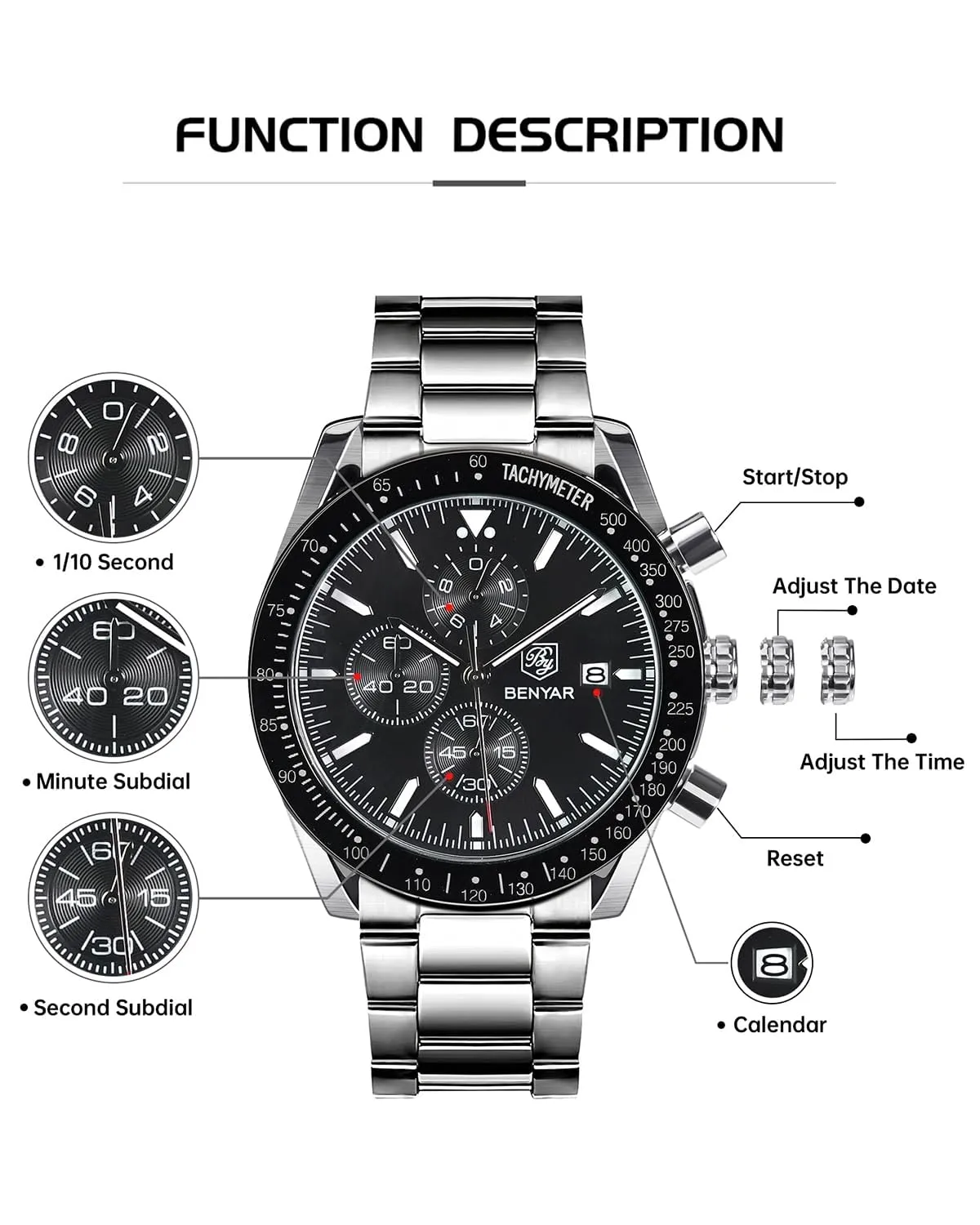 BENYAR Orologio da Uomo Cronografo Analogico al Quarzo BY-5140, Nero 2 - immagine 7