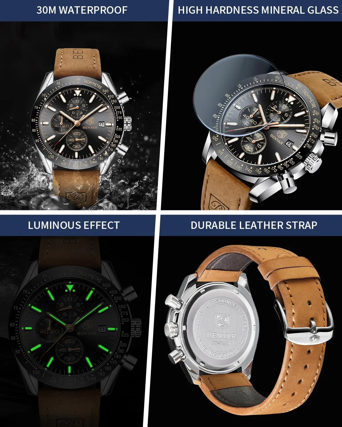 Benyar BY-5140 Orologio da Uomo Cronografo Analogico in Pelle - immagine 5