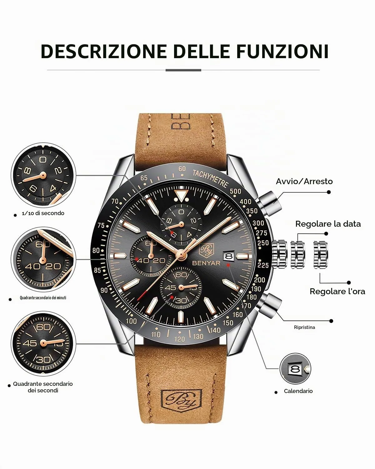 Benyar BY-5140 Orologio da Uomo Cronografo Analogico in Pelle - immagine 7