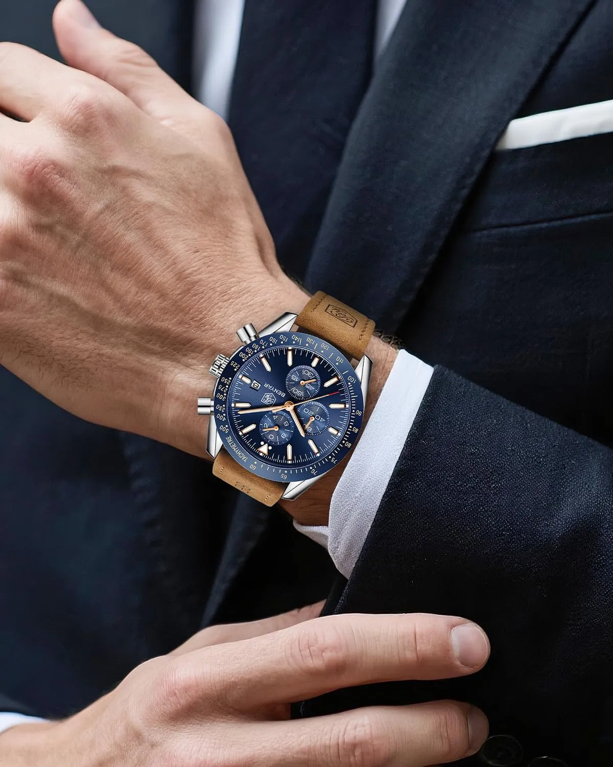 BENYAR Orologio da Uomo Cronografo Analogico BY-5140 Cinturino in Pelle Marrone - immagine 3