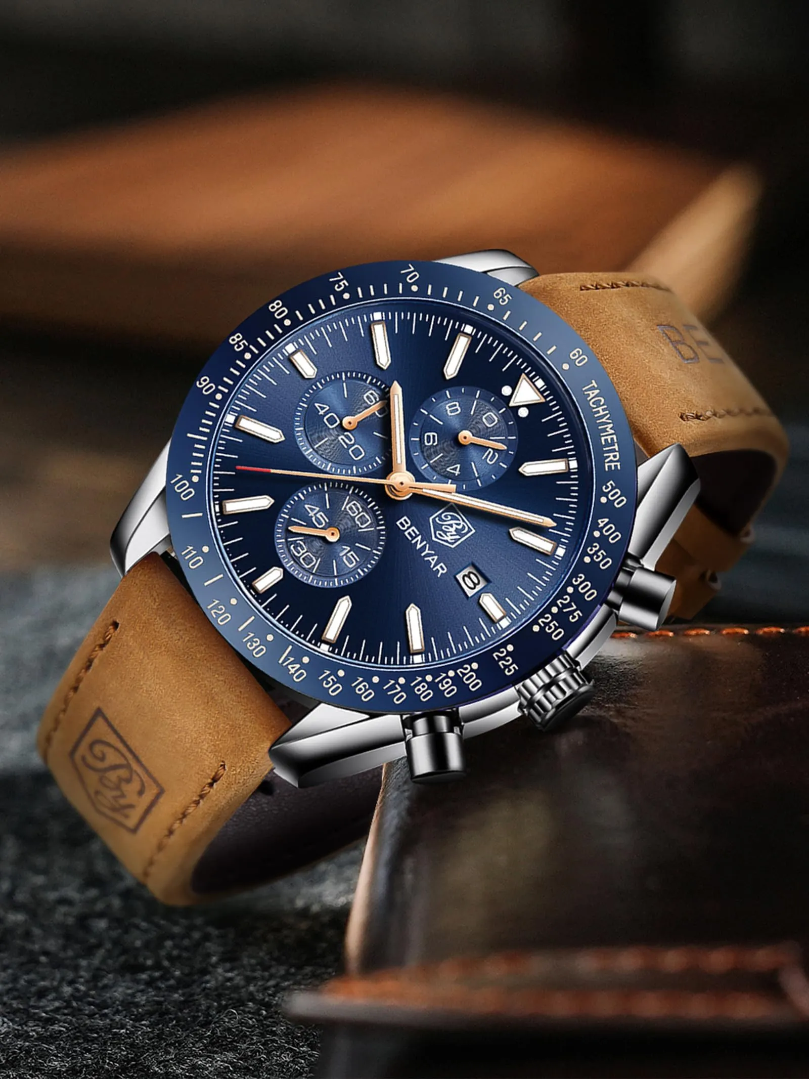BENYAR Orologio da Uomo Cronografo Analogico BY-5140 Cinturino in Pelle Marrone - immagine 4