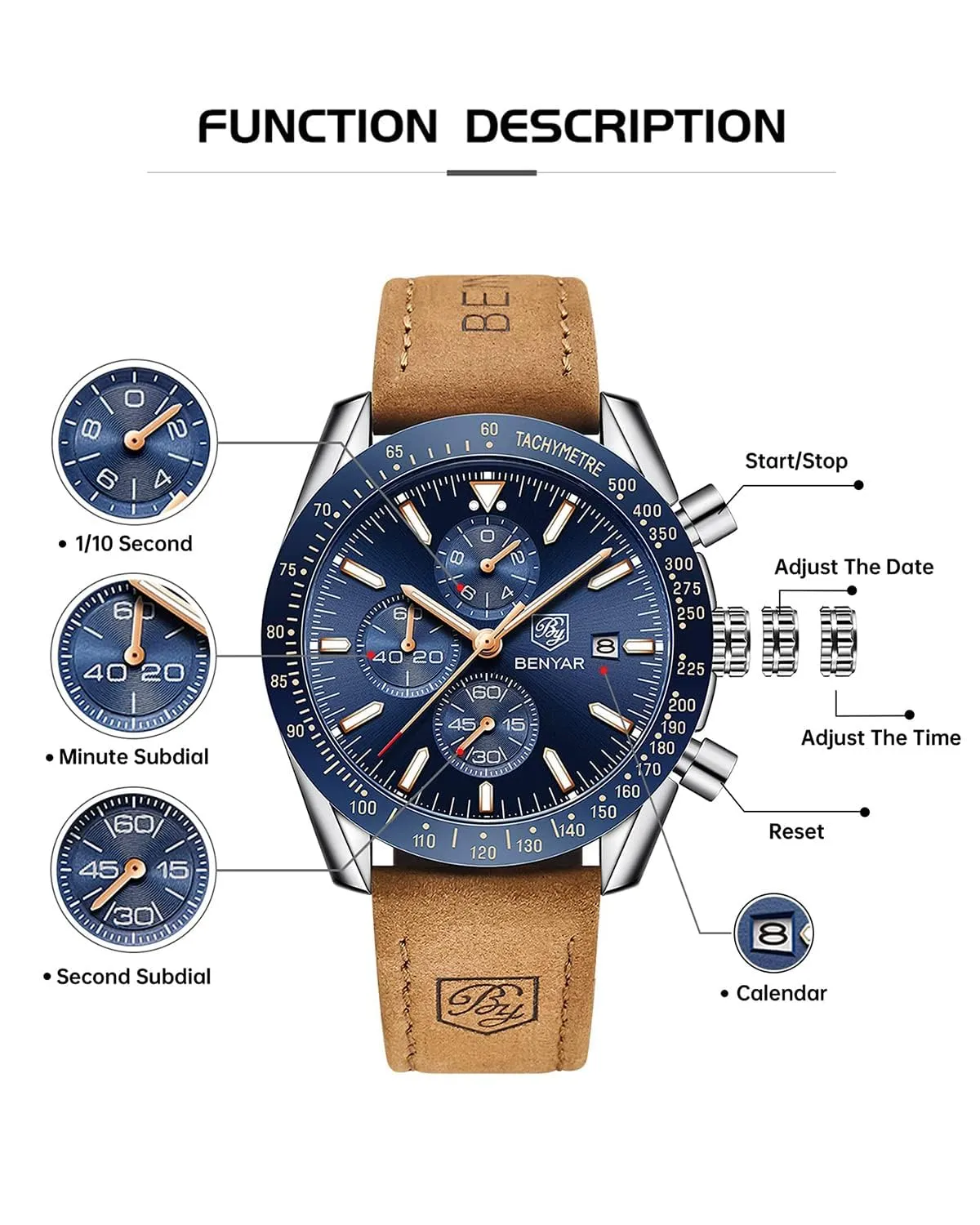 BENYAR Orologio da Uomo Cronografo Analogico BY-5140 Cinturino in Pelle Marrone - immagine 7