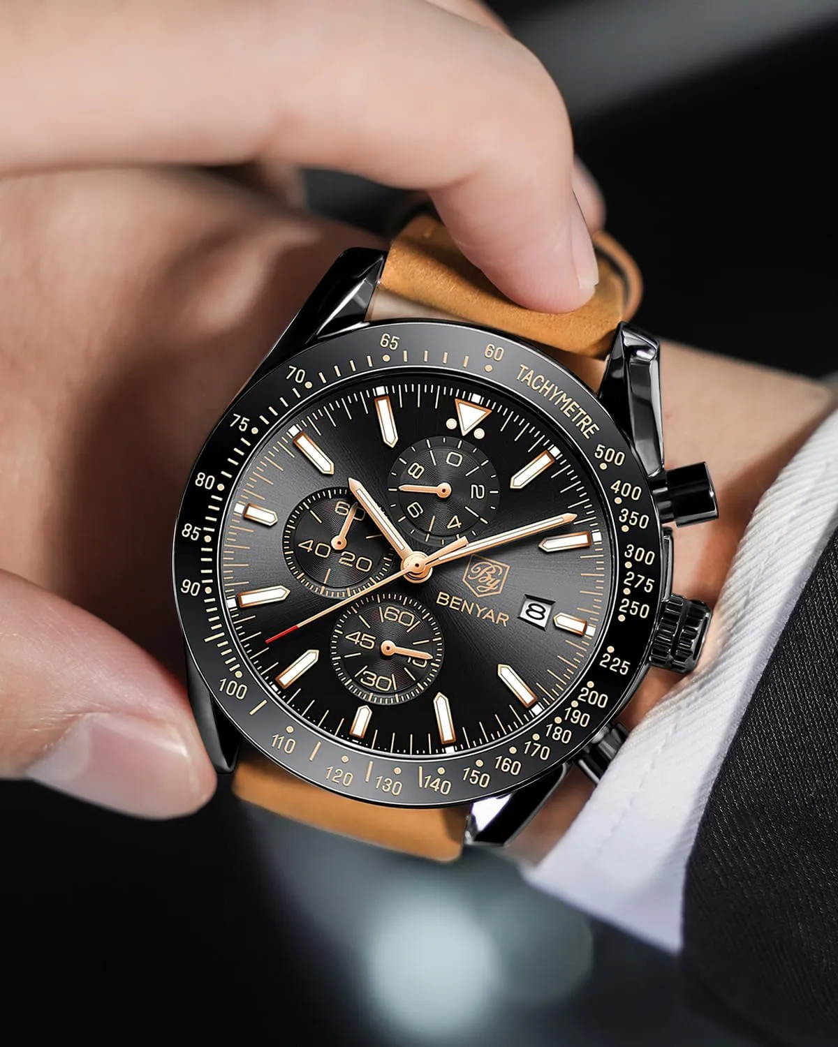 BENYAR Orologio da Uomo Cronografo Analogico al Quarzo BY-5140 Cinturino in Pelle - immagine 3